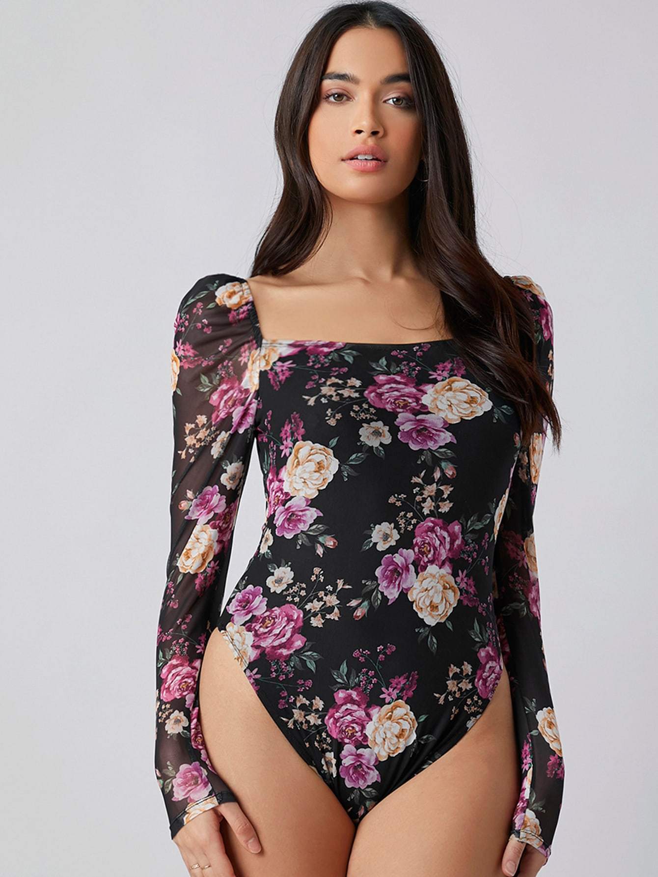 Square Neck Floral Print Skinny Bodysuit