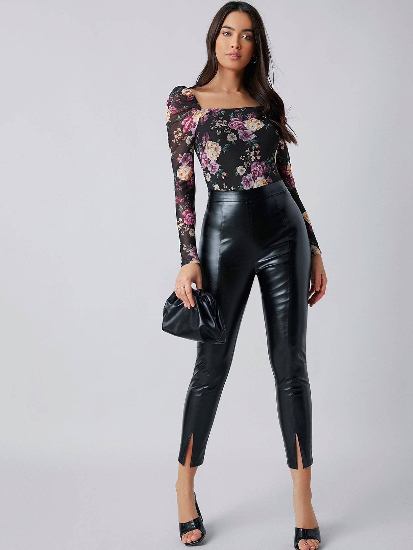 Square Neck Floral Print Skinny Bodysuit