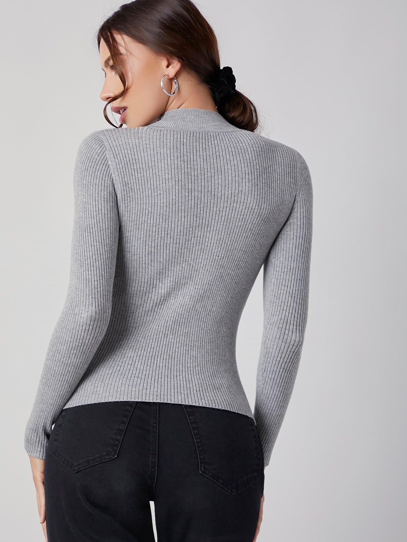 Stand Collar Cut Out Detail Rib Knit Slim Fit Sweater Top