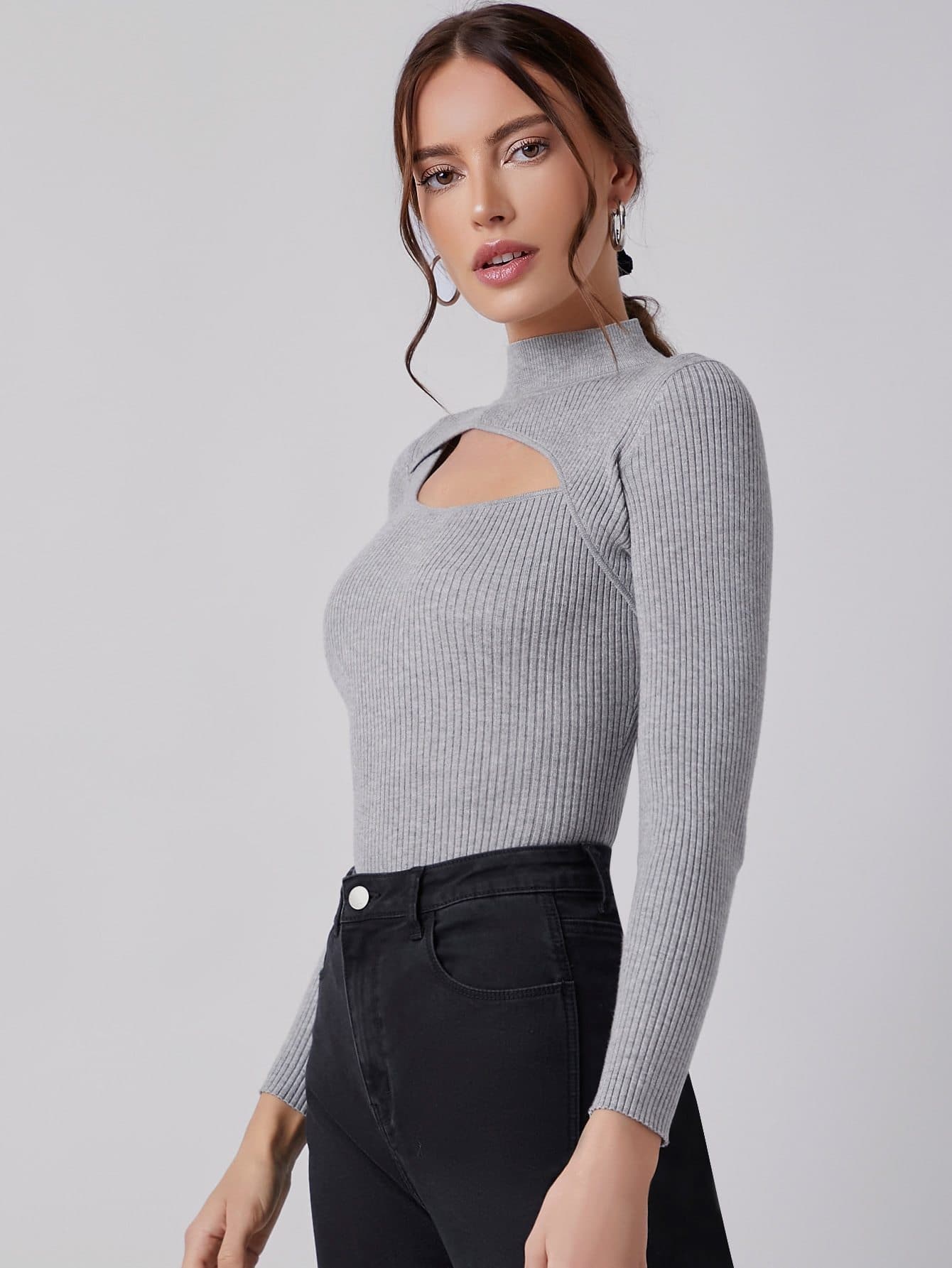 Stand Collar Cut Out Detail Rib Knit Slim Fit Sweater Top