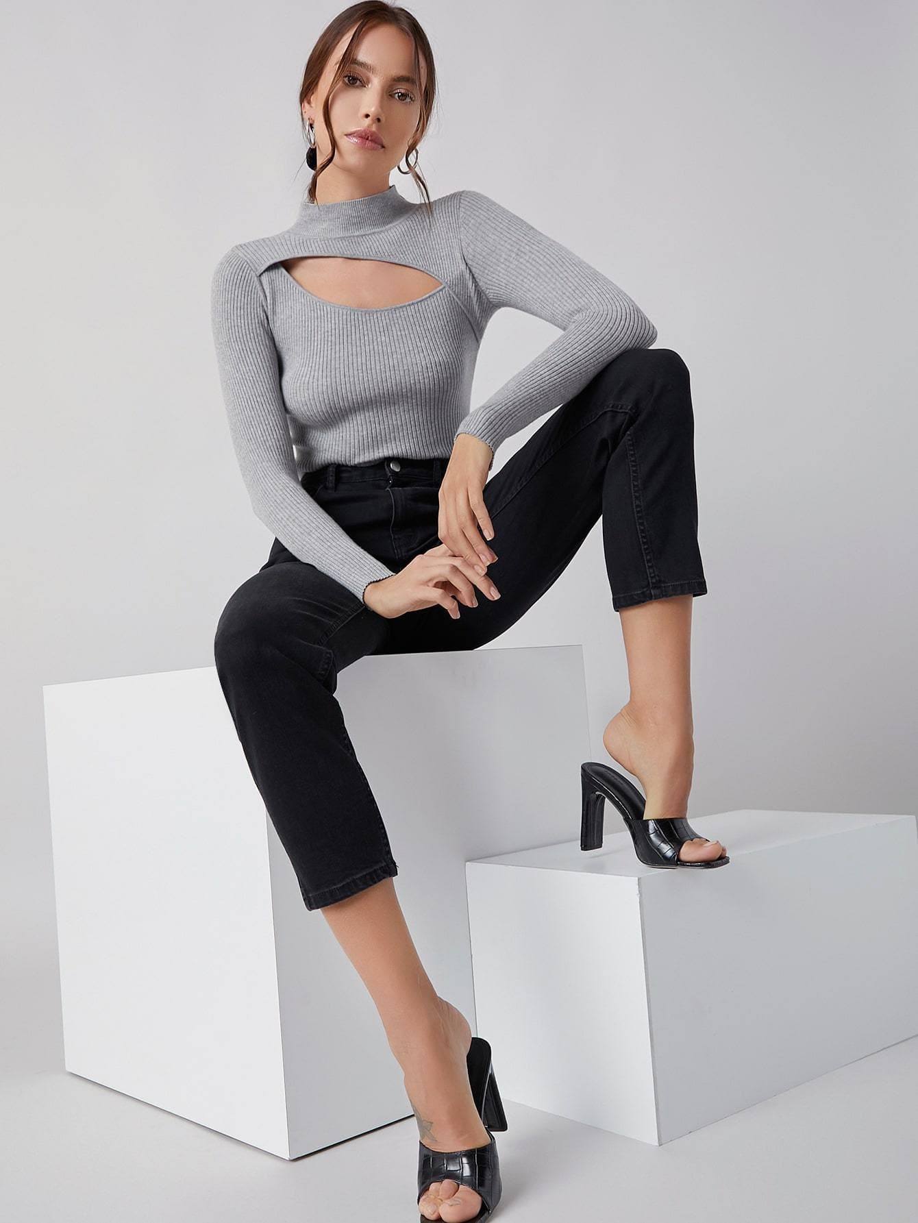 Stand Collar Cut Out Detail Rib Knit Slim Fit Sweater Top
