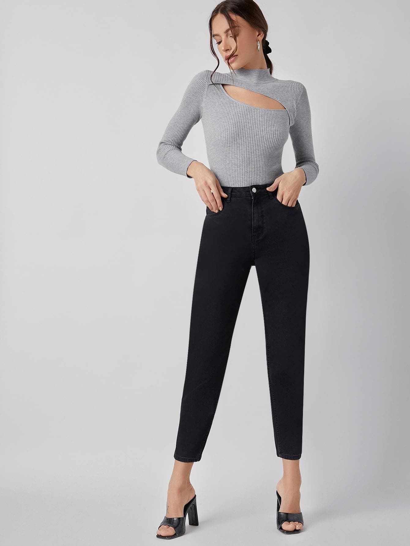 Stand Collar Cut Out Detail Rib Knit Slim Fit Sweater Top