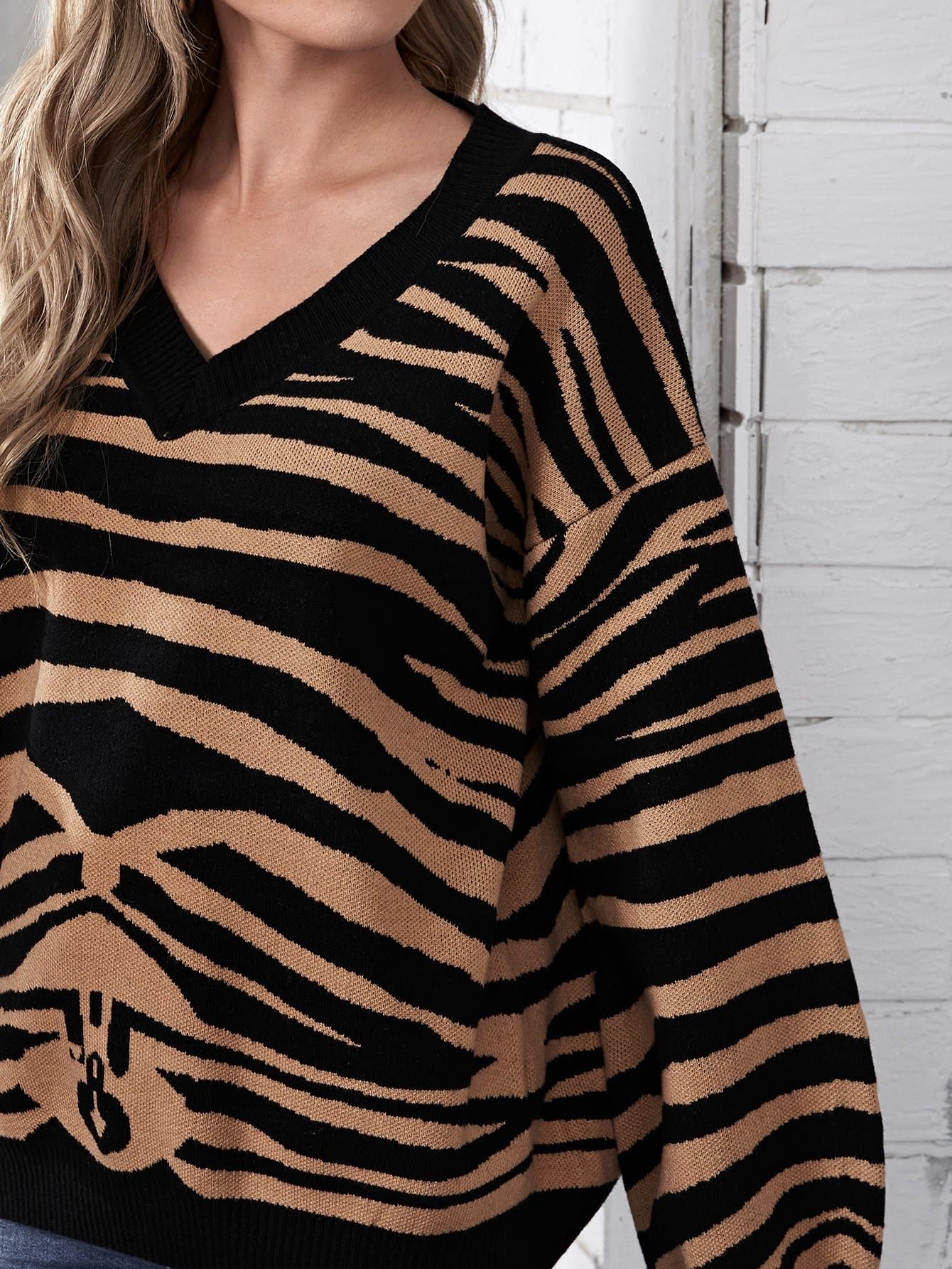 V-Neck Drop Shoulder Zebra Striped Sweater Pullover