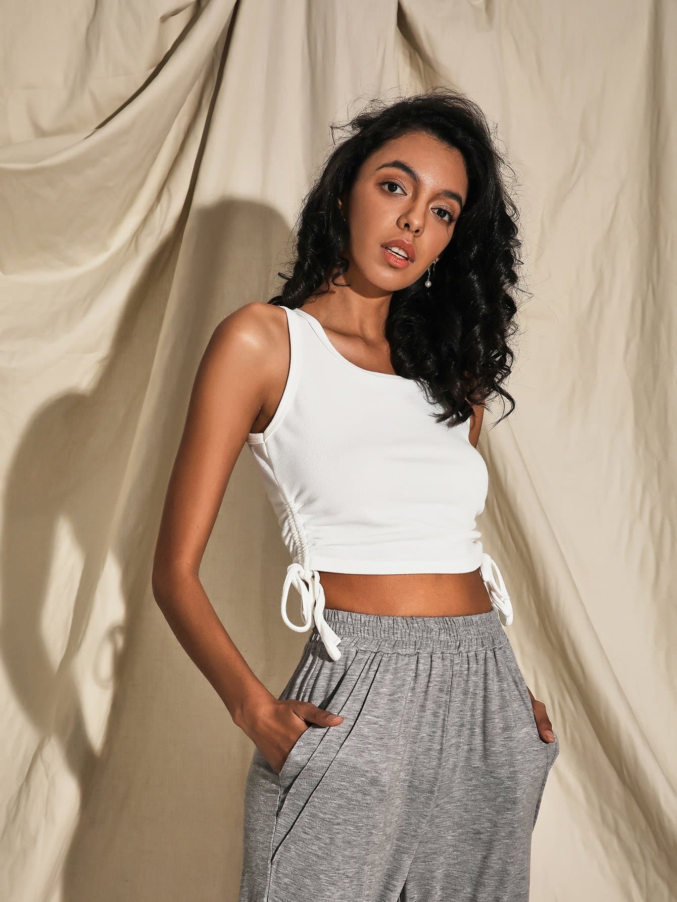 Ruched Drawstring Knot Tank Crop Top