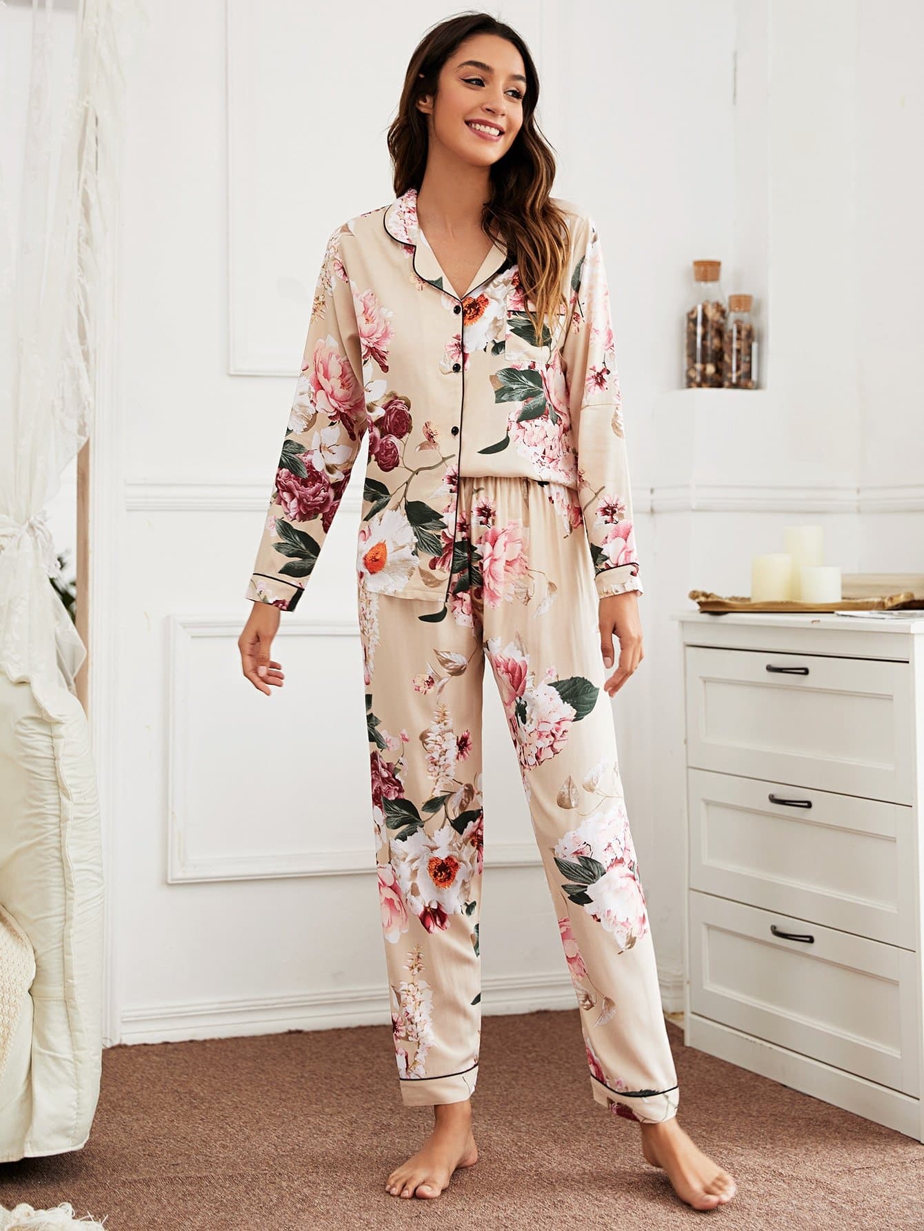 Button Front Floral Lapel Collar Pyjama Sleepwear Set
