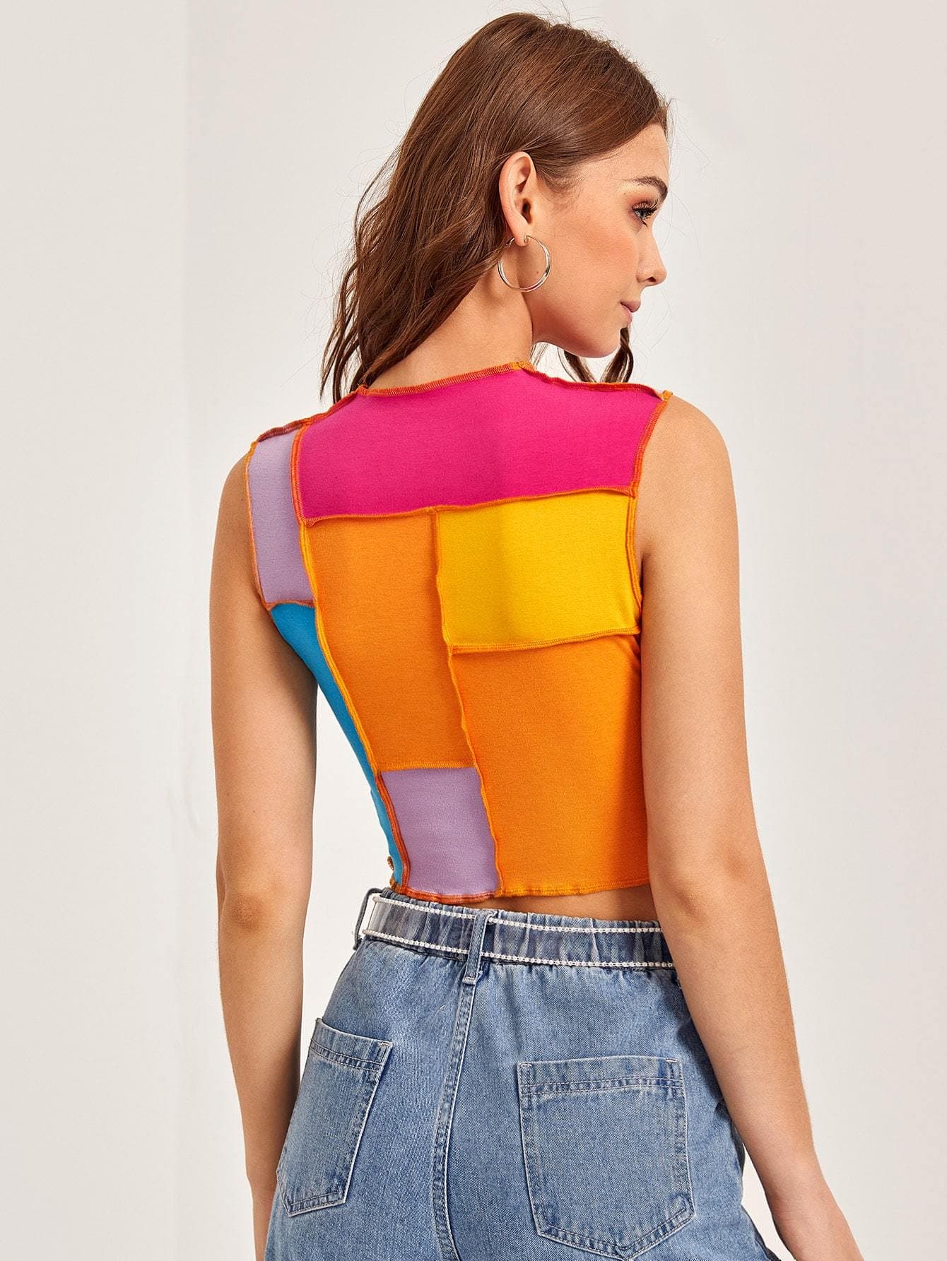 Round Neck Contrast Stitch Letter Graphic Colorblock Slim Fit Tank Top