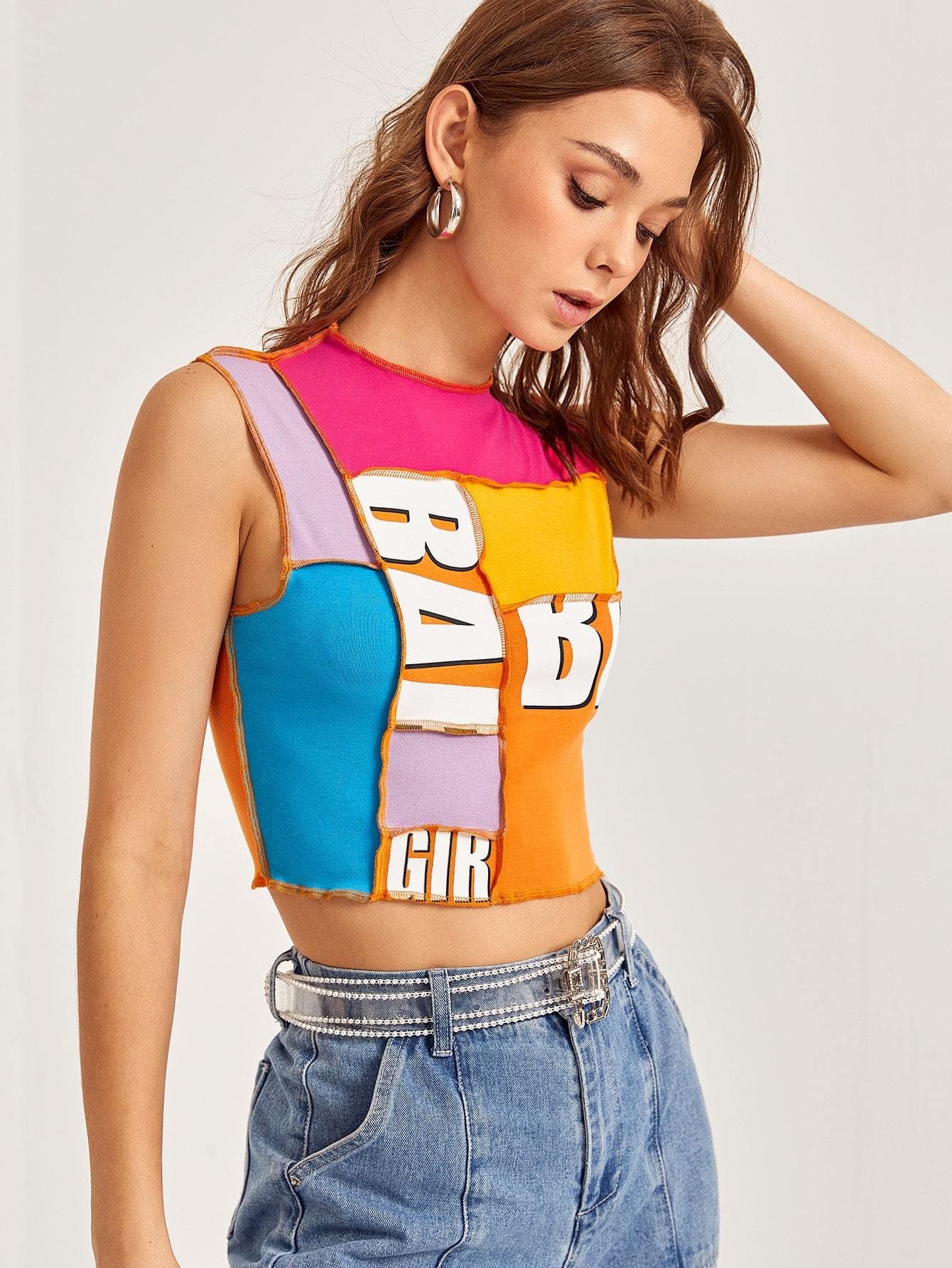 Round Neck Contrast Stitch Letter Graphic Colorblock Slim Fit Tank Top