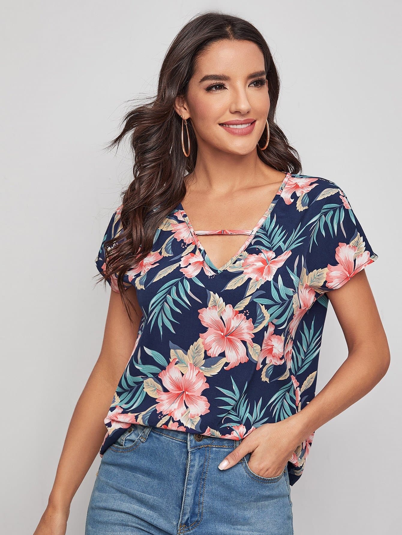 Cutout V-neck Tropical Print Top