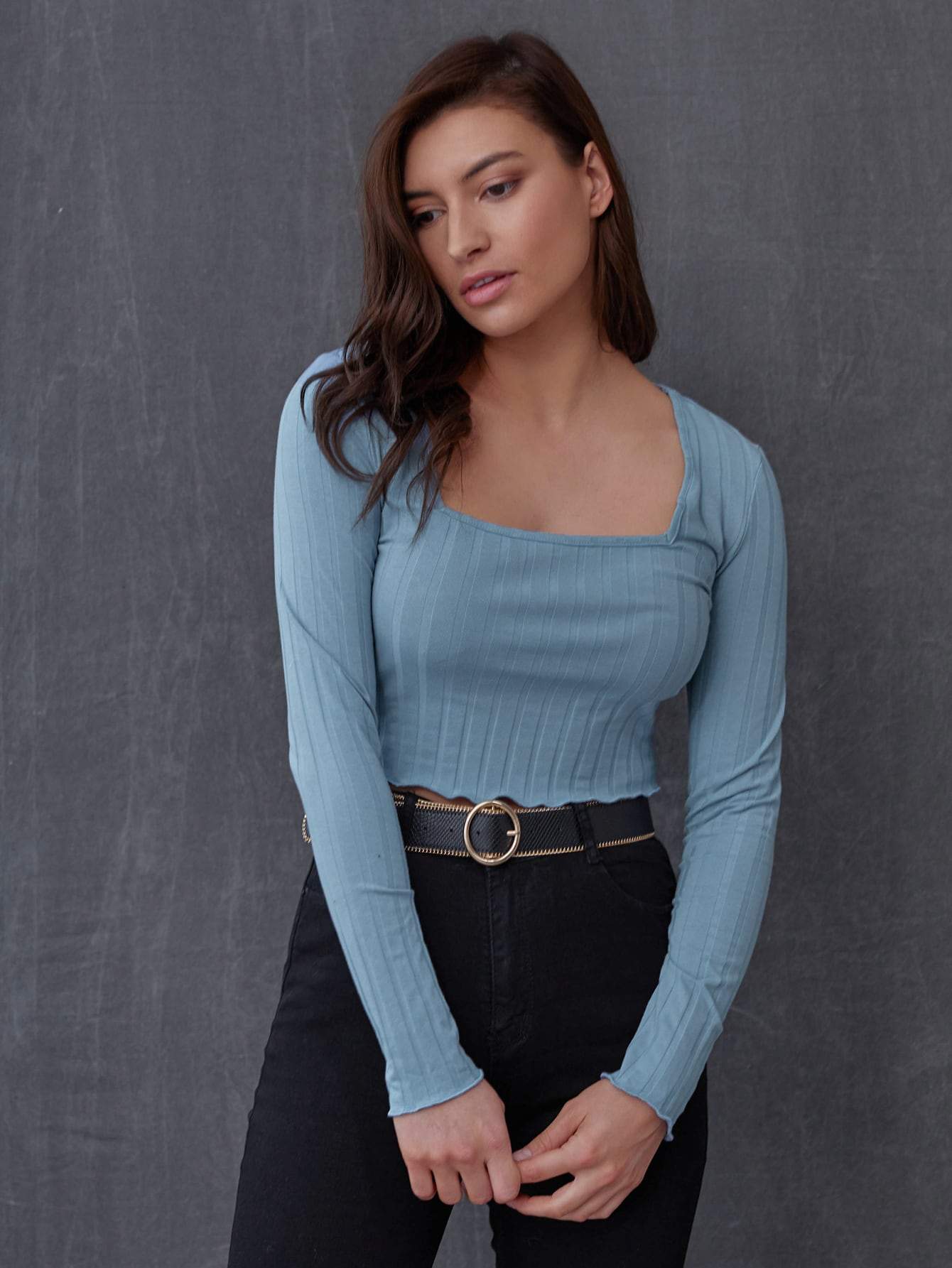 Dusty Blue Square Neck Rib-Knit Lettuce Trim Crop Top
