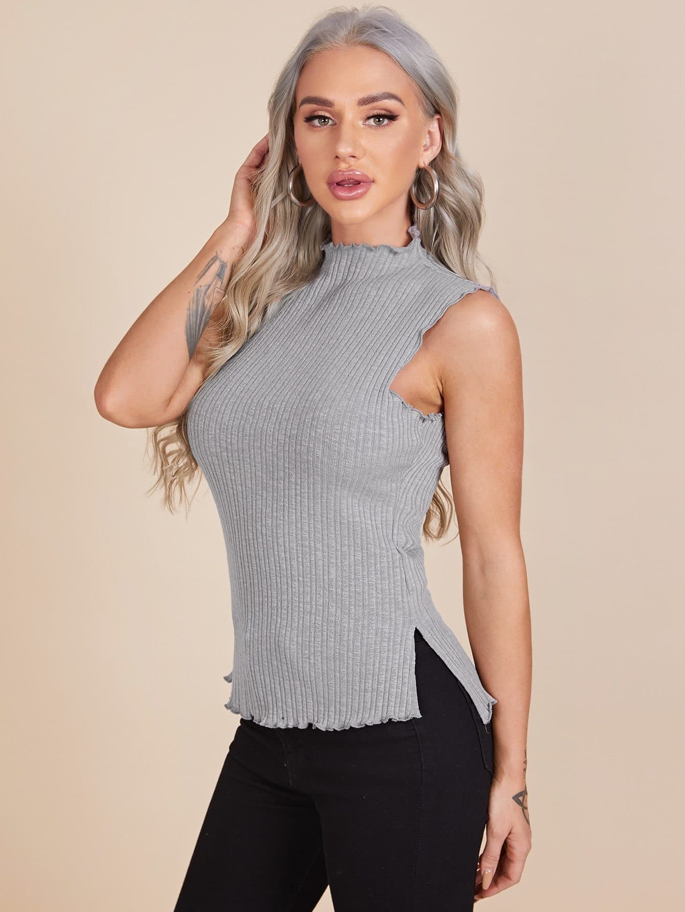 Grey Stand Collar Lettuce Trim Split Side Rib-knit Slim Fit Tank Top