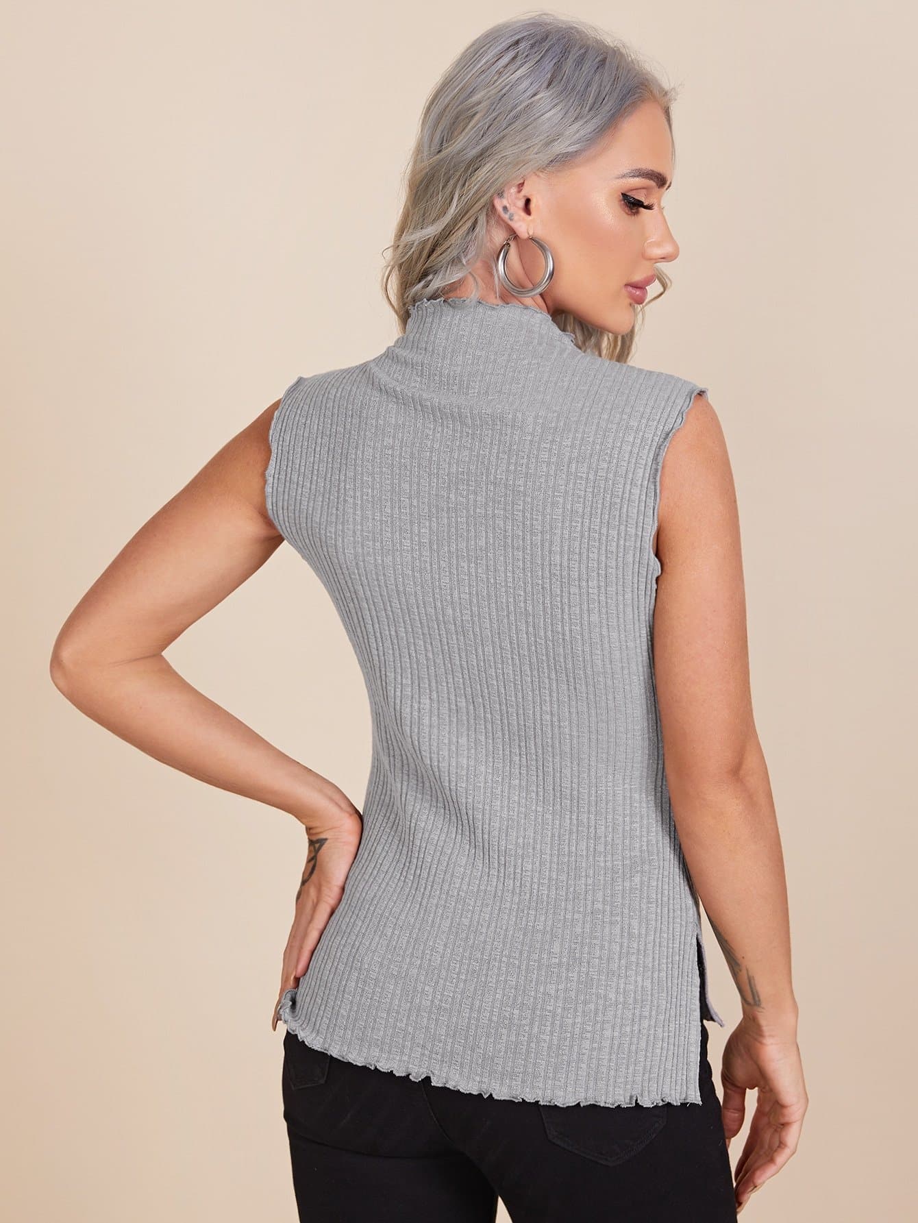 Grey Stand Collar Lettuce Trim Split Side Rib-knit Slim Fit Tank Top