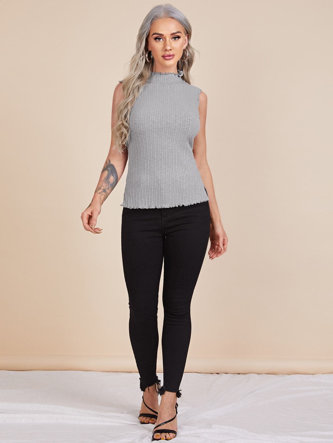 Grey Stand Collar Lettuce Trim Split Side Rib-knit Slim Fit Tank Top