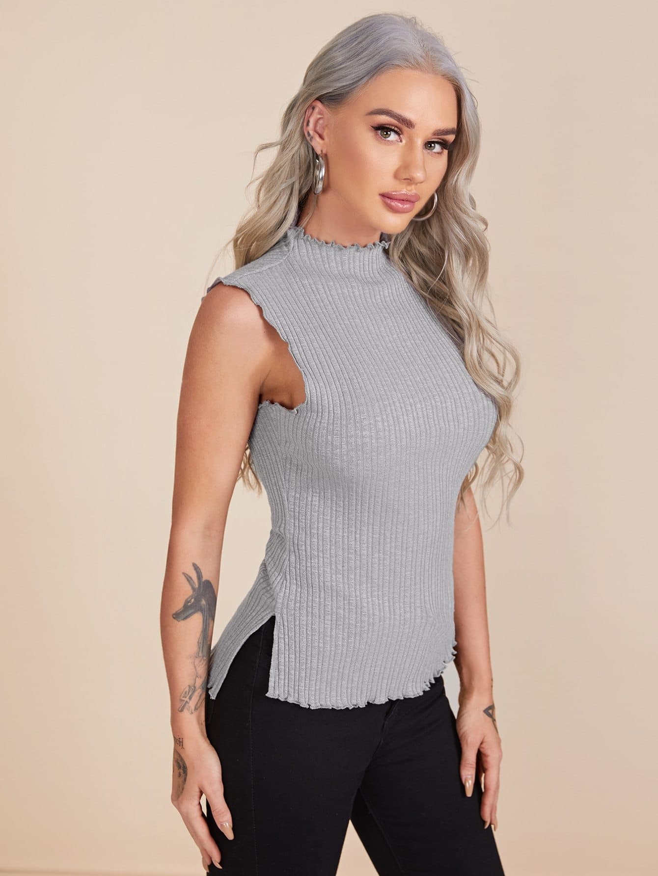 Grey Stand Collar Lettuce Trim Split Side Rib-knit Slim Fit Tank Top
