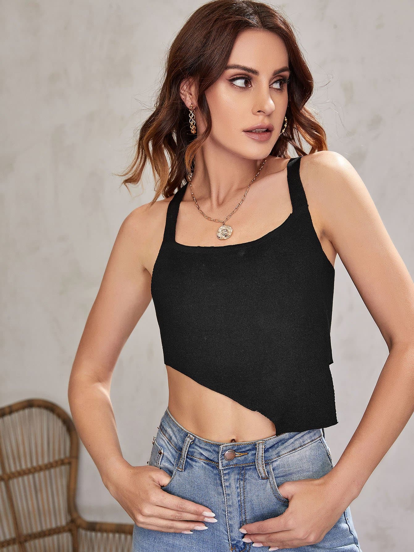 Black Sleeveless Asymmetrical Hem Crop Knit Cami Top