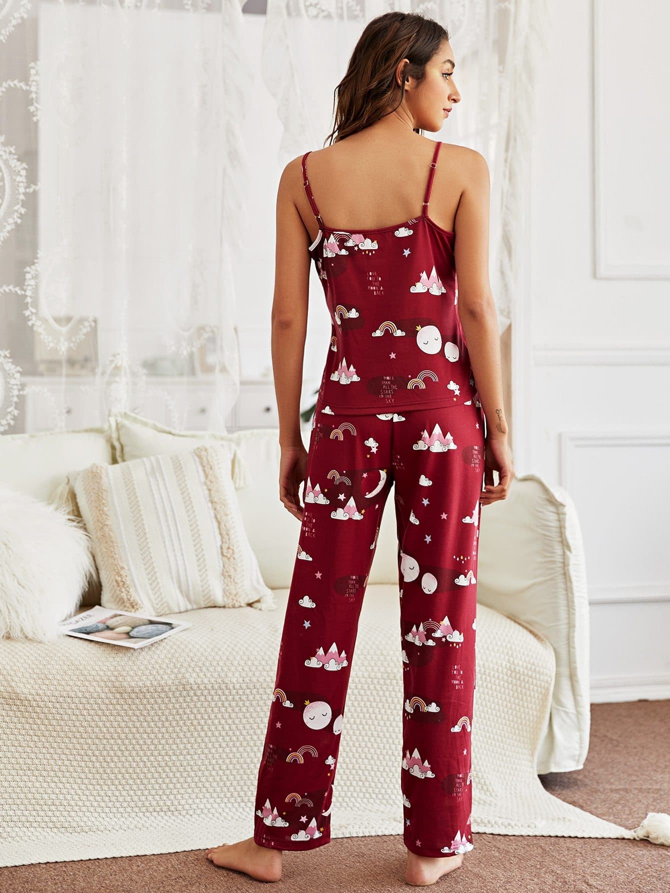 Burgundy Spaghetti Strap Sleeveless Cartoon Graphic Pyjama Sleepwear Set With Eye Cover