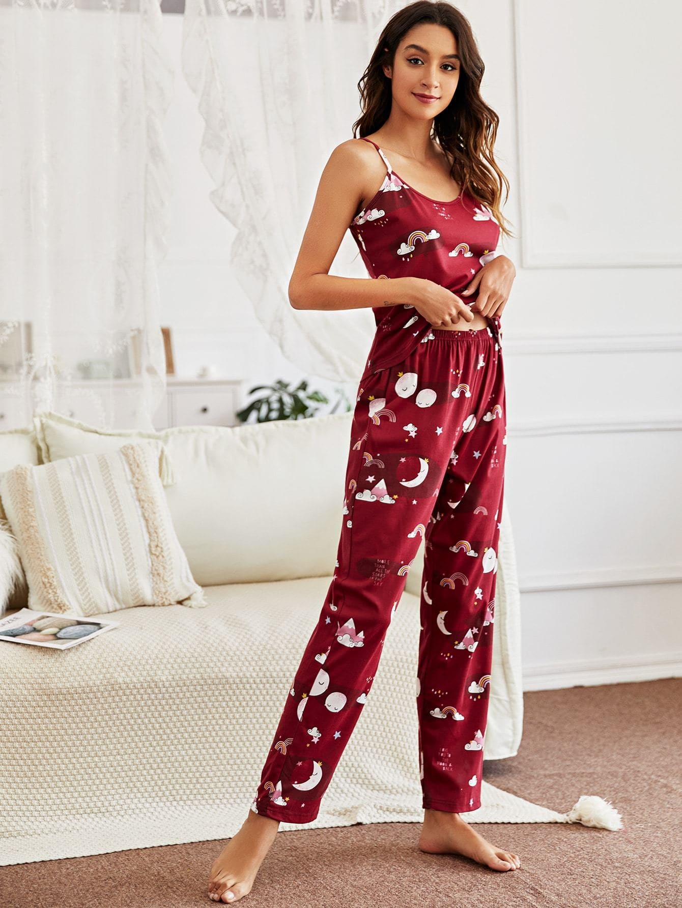 Burgundy Spaghetti Strap Sleeveless Cartoon Graphic Pyjama Sleepwear Set With Eye Cover
