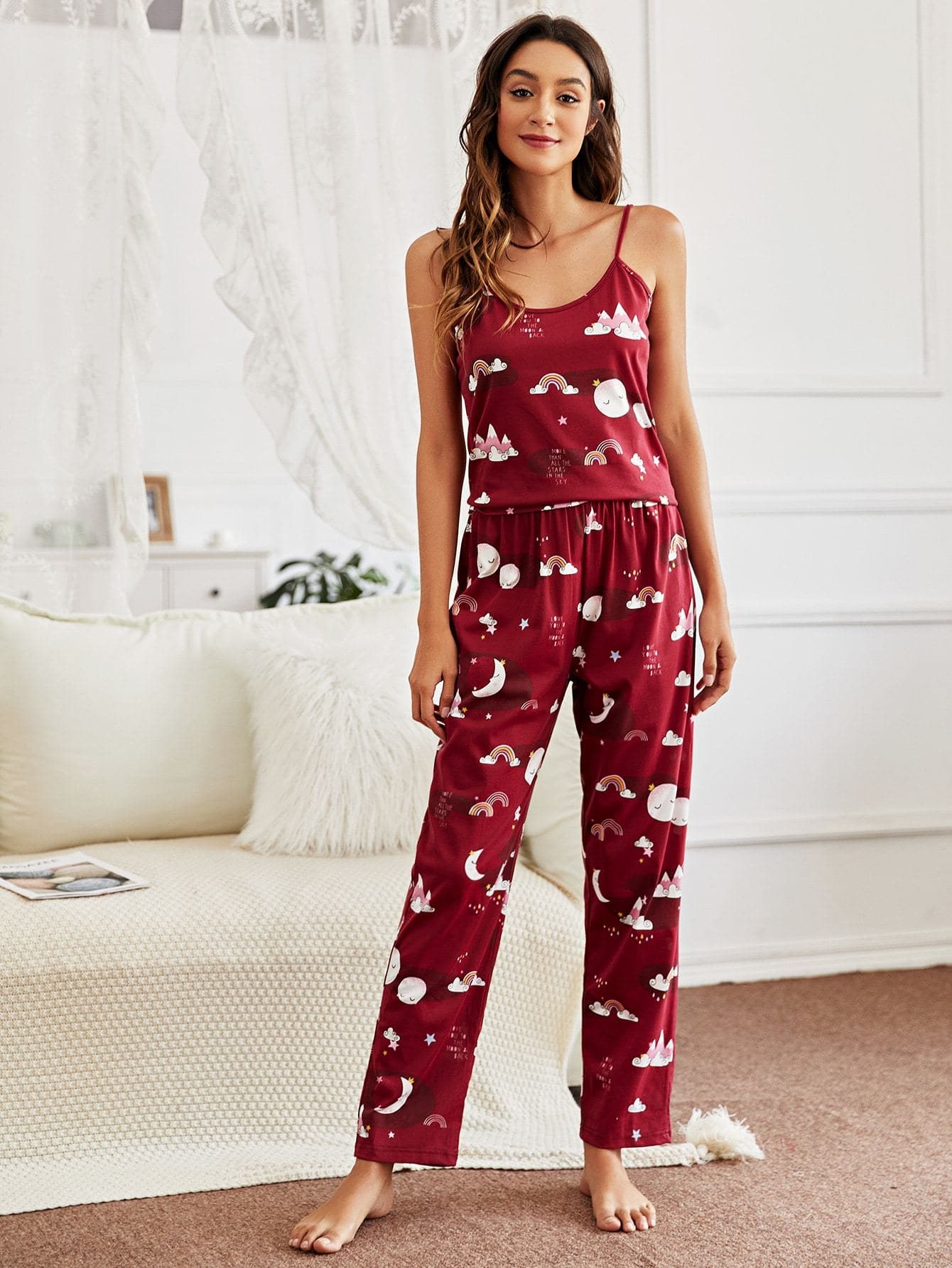 Burgundy Spaghetti Strap Sleeveless Cartoon Graphic Pyjama Sleepwear Set With Eye Cover
