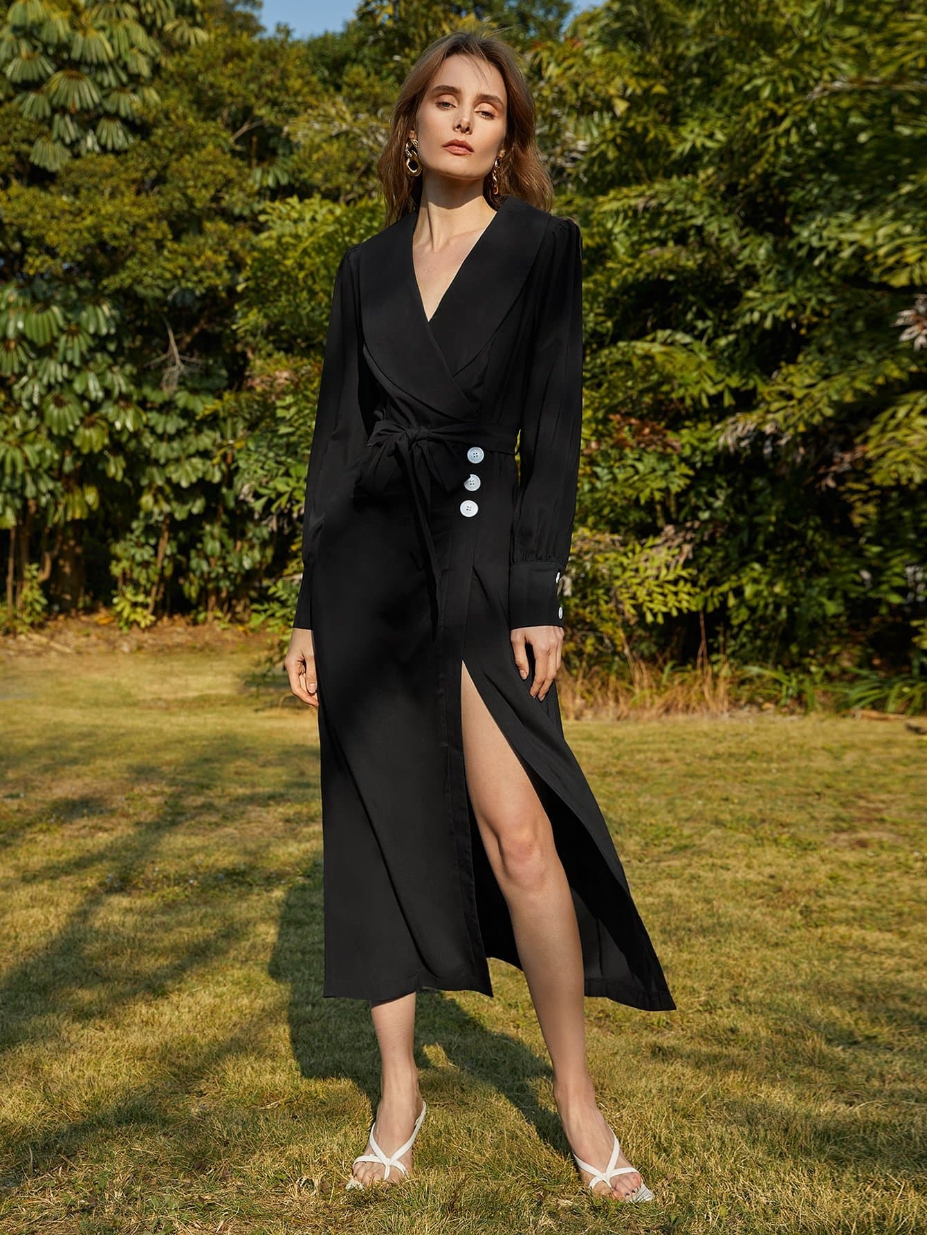 Black Shawl Collar Belted Shirt Dress