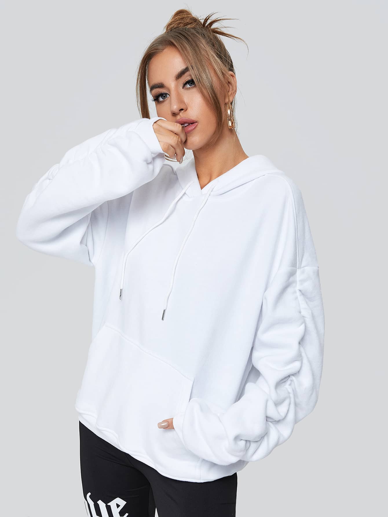 White Ruched Drop Shoulder Drawstring Hoodie Pullover