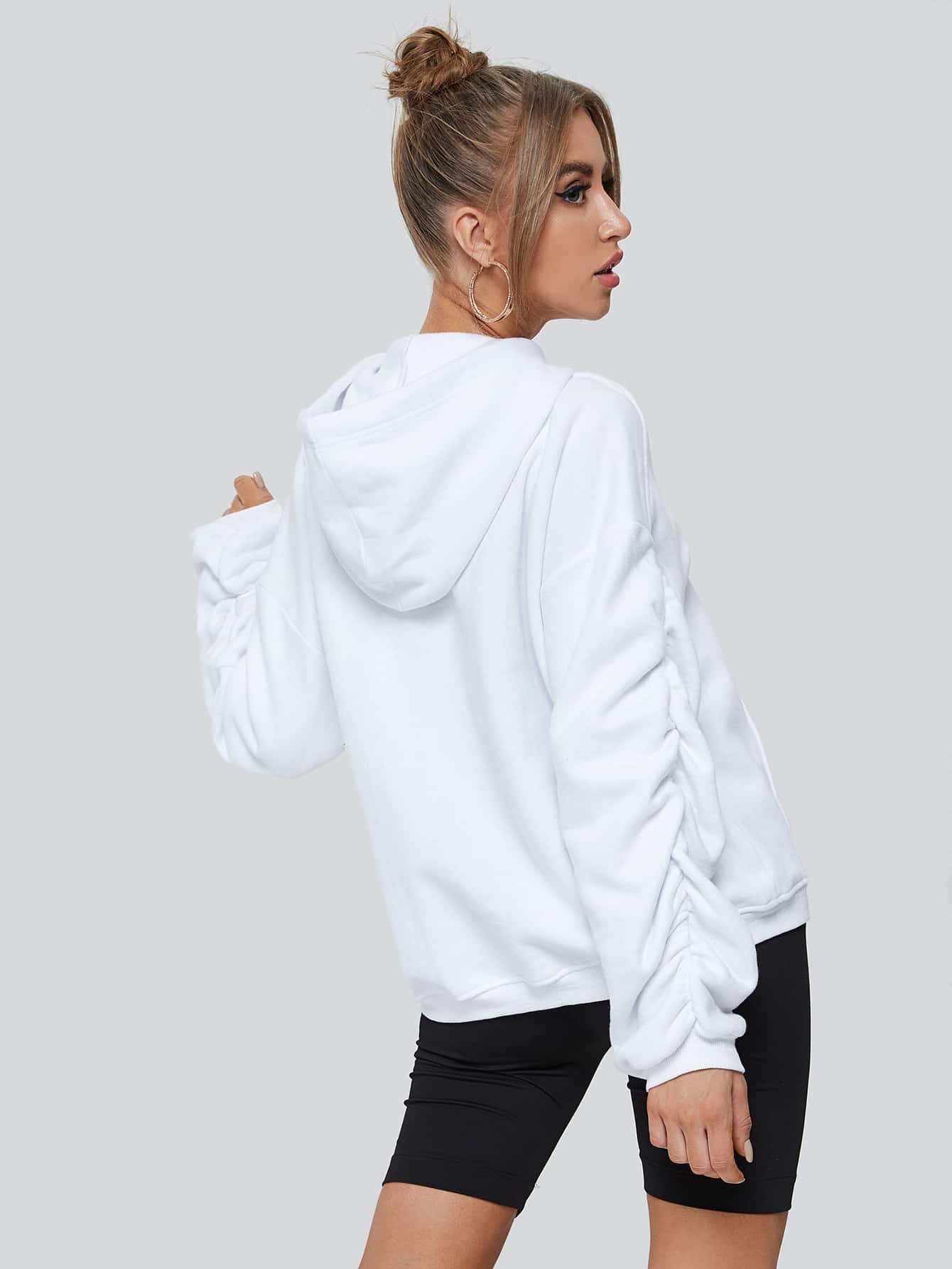 White Ruched Drop Shoulder Drawstring Hoodie Pullover