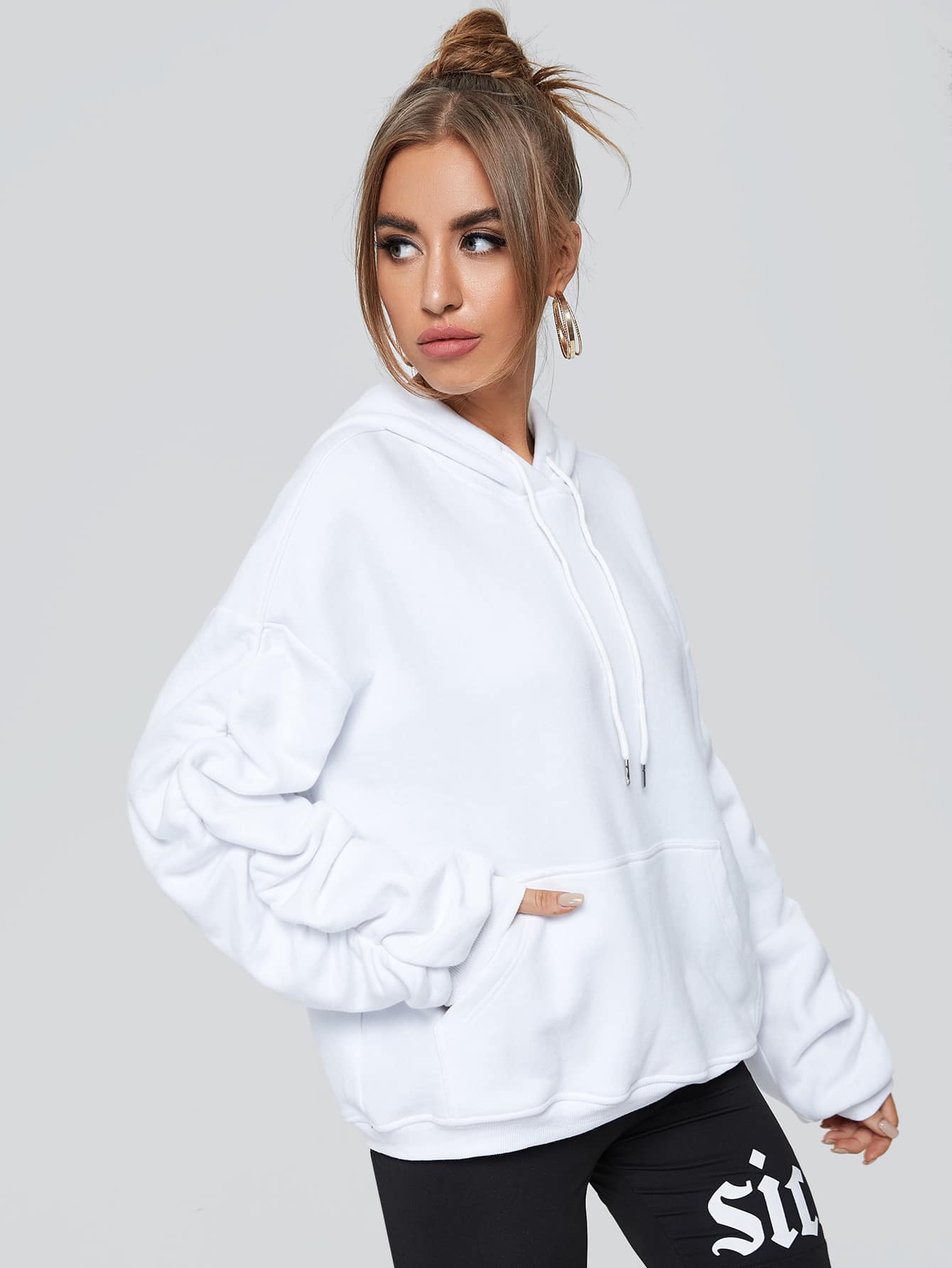 White Ruched Drop Shoulder Drawstring Hoodie Pullover