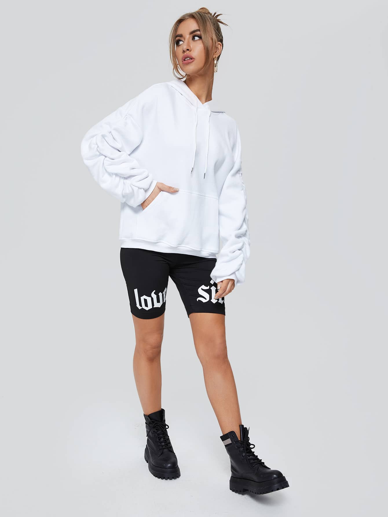 White Ruched Drop Shoulder Drawstring Hoodie Pullover