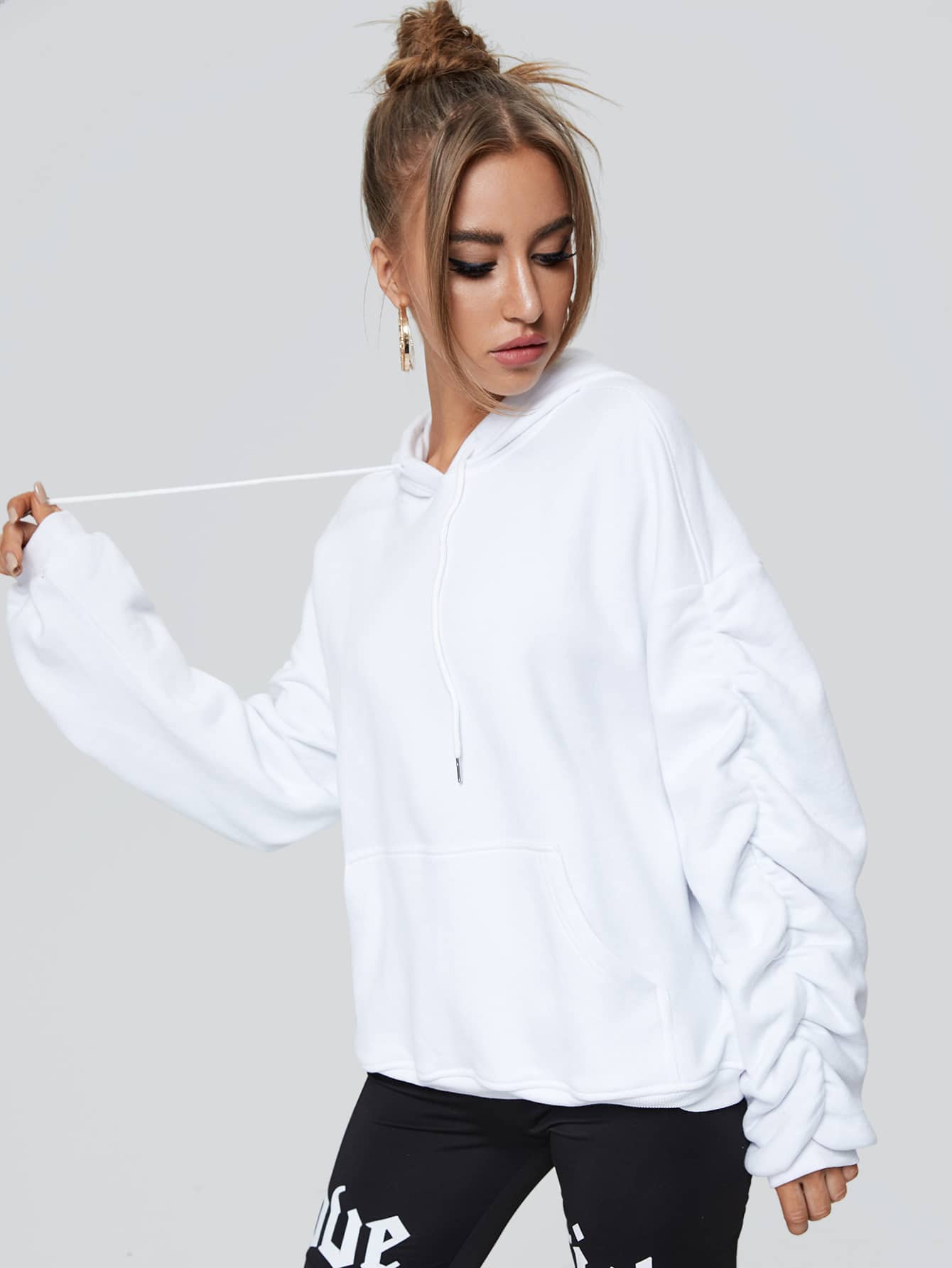 White Ruched Drop Shoulder Drawstring Hoodie Pullover