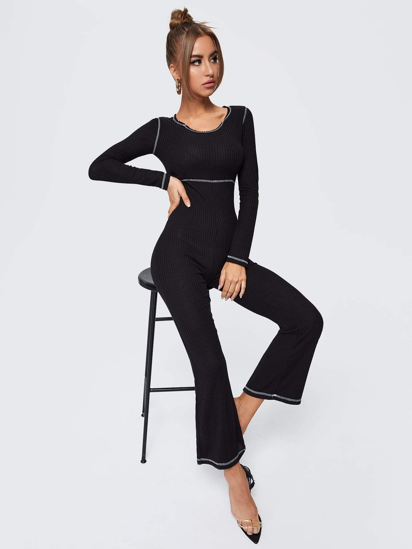 Scoop Neck Rib-knit Flare Leg Skinny Jumpsuit