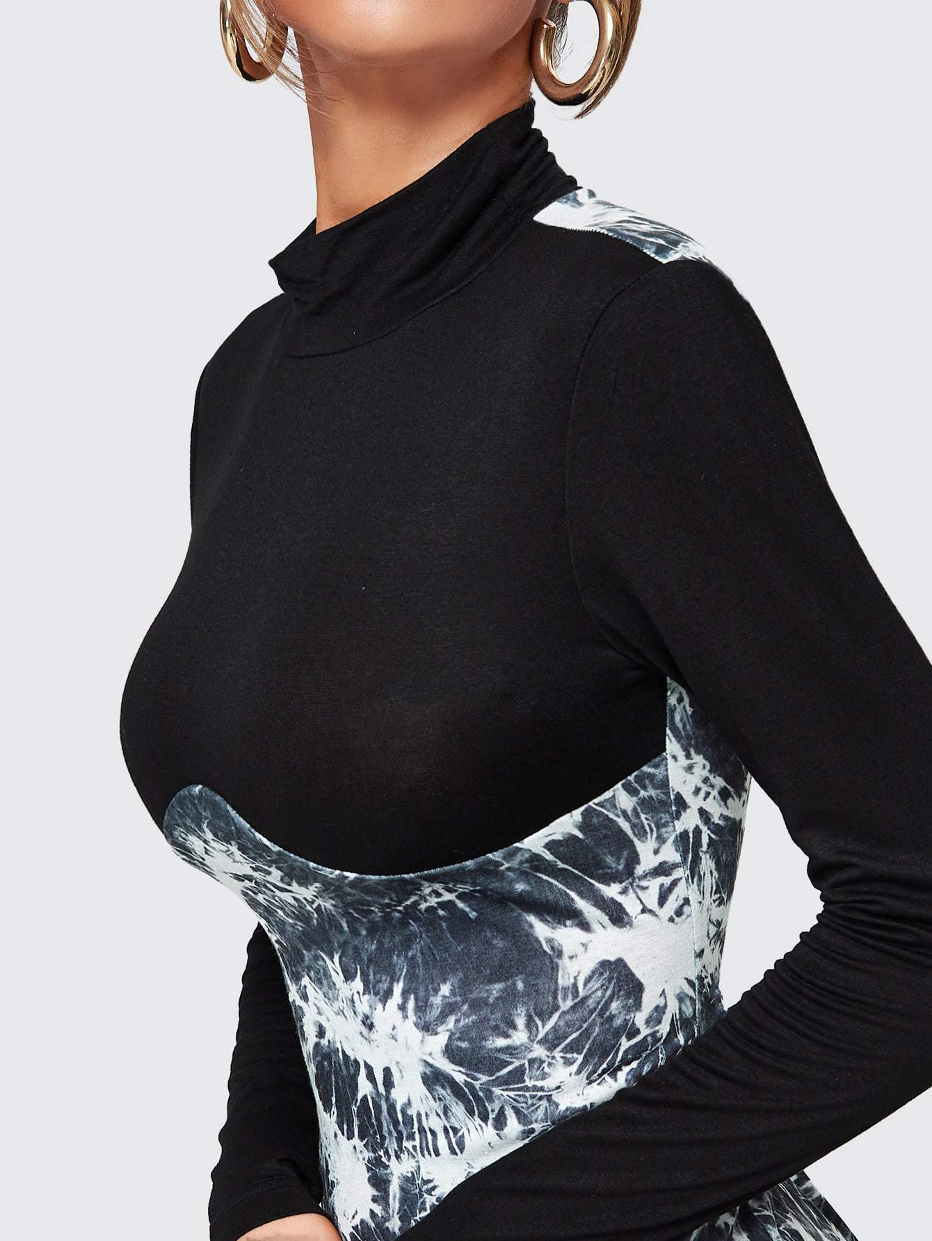 High Neck Contrast Panel Zipper Side Slim Fit Dress