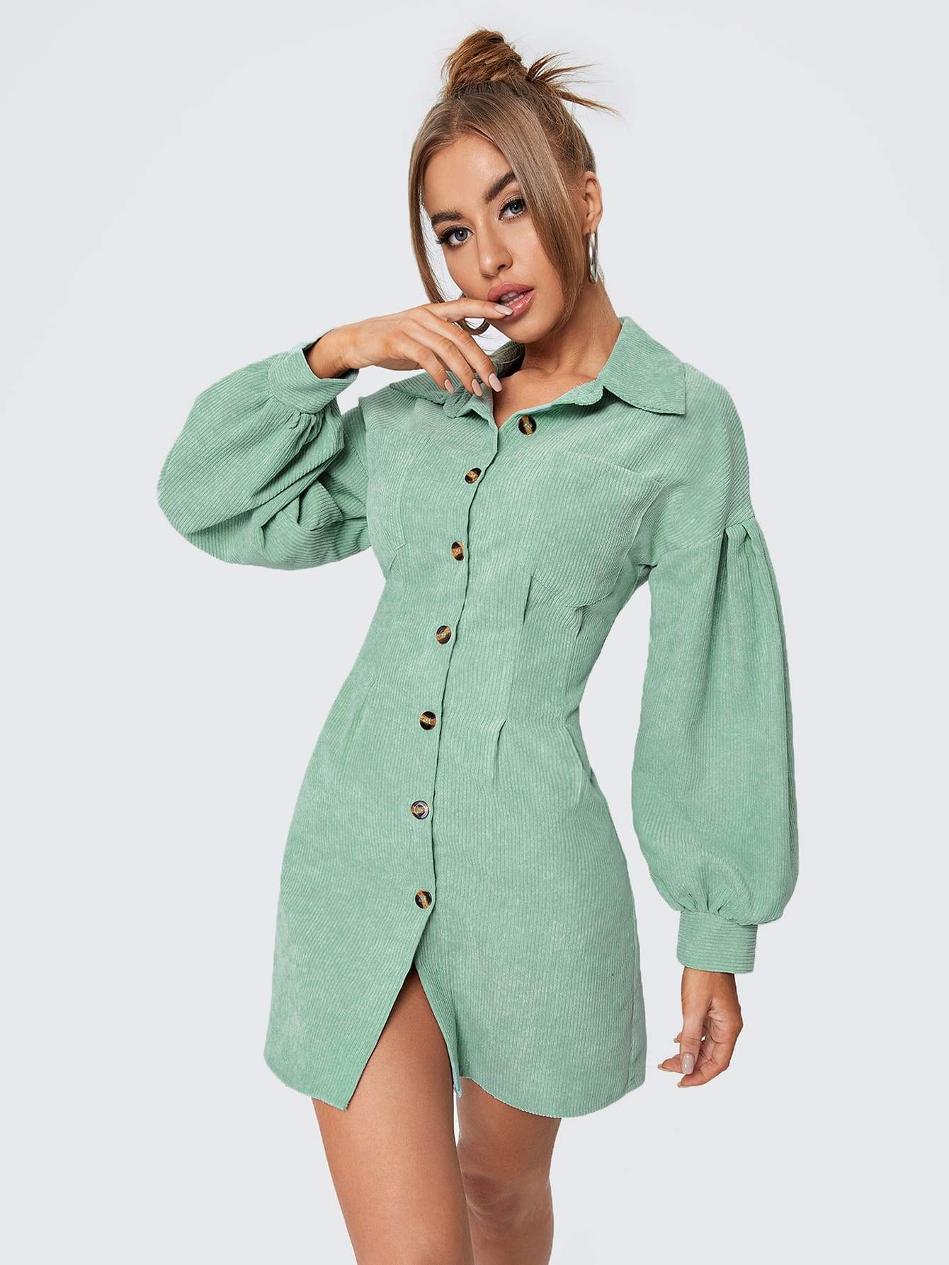 Mint Green Corduroy Bishop Sleeve Button Front Shirt Dress