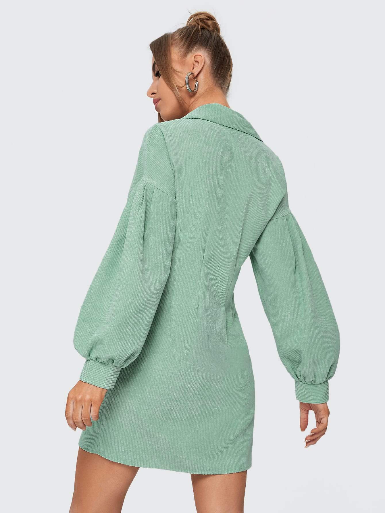 Mint Green Corduroy Bishop Sleeve Button Front Shirt Dress