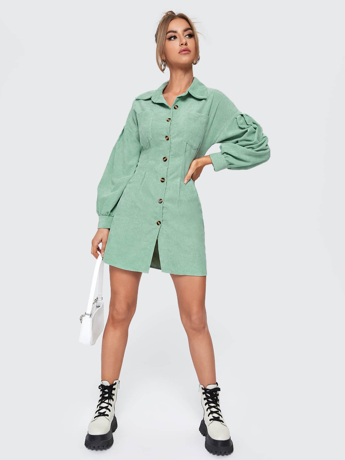 Mint Green Corduroy Bishop Sleeve Button Front Shirt Dress
