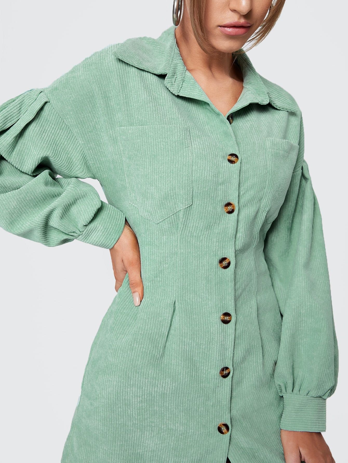 Mint Green Corduroy Bishop Sleeve Button Front Shirt Dress