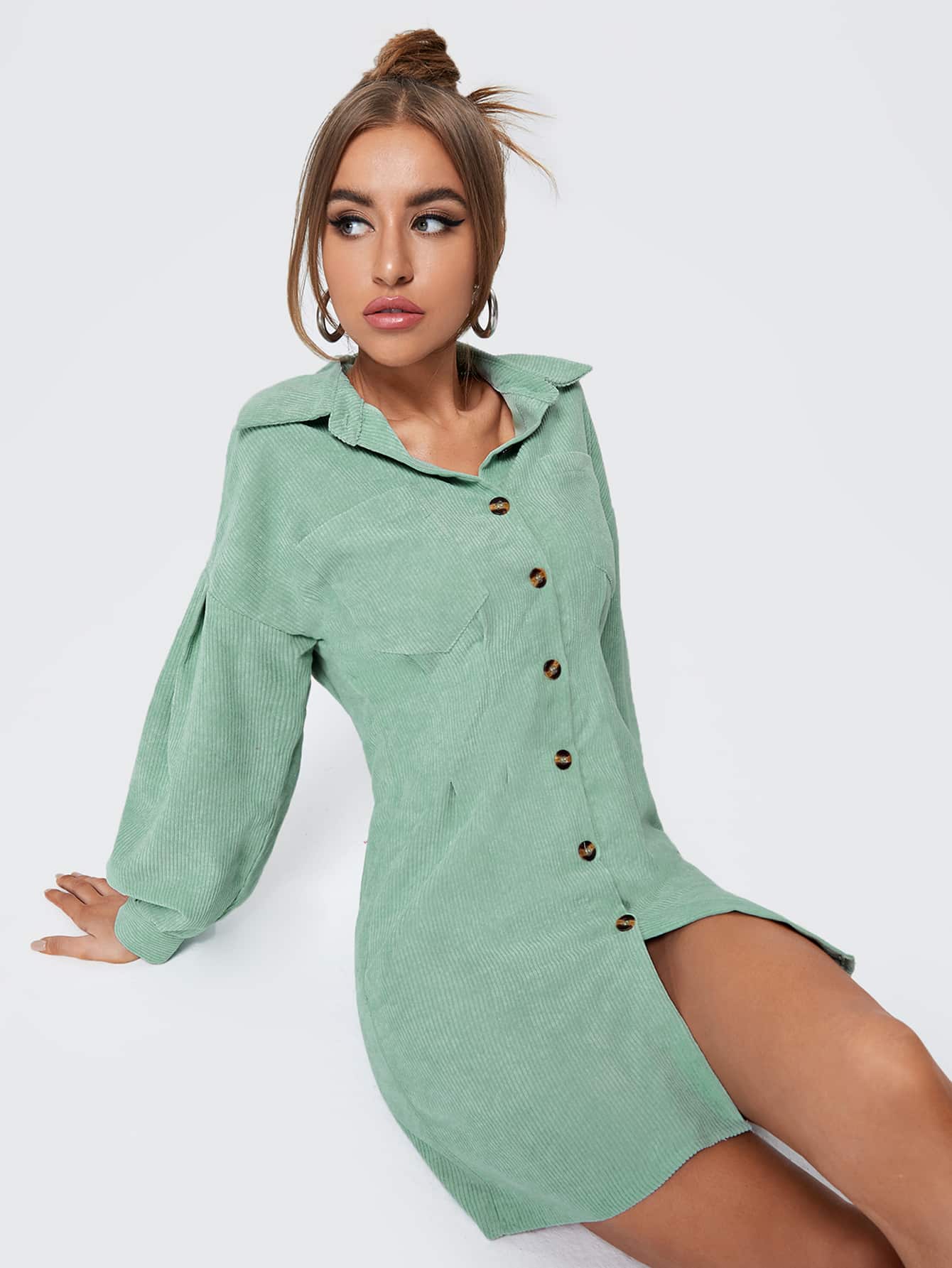 Mint Green Corduroy Bishop Sleeve Button Front Shirt Dress