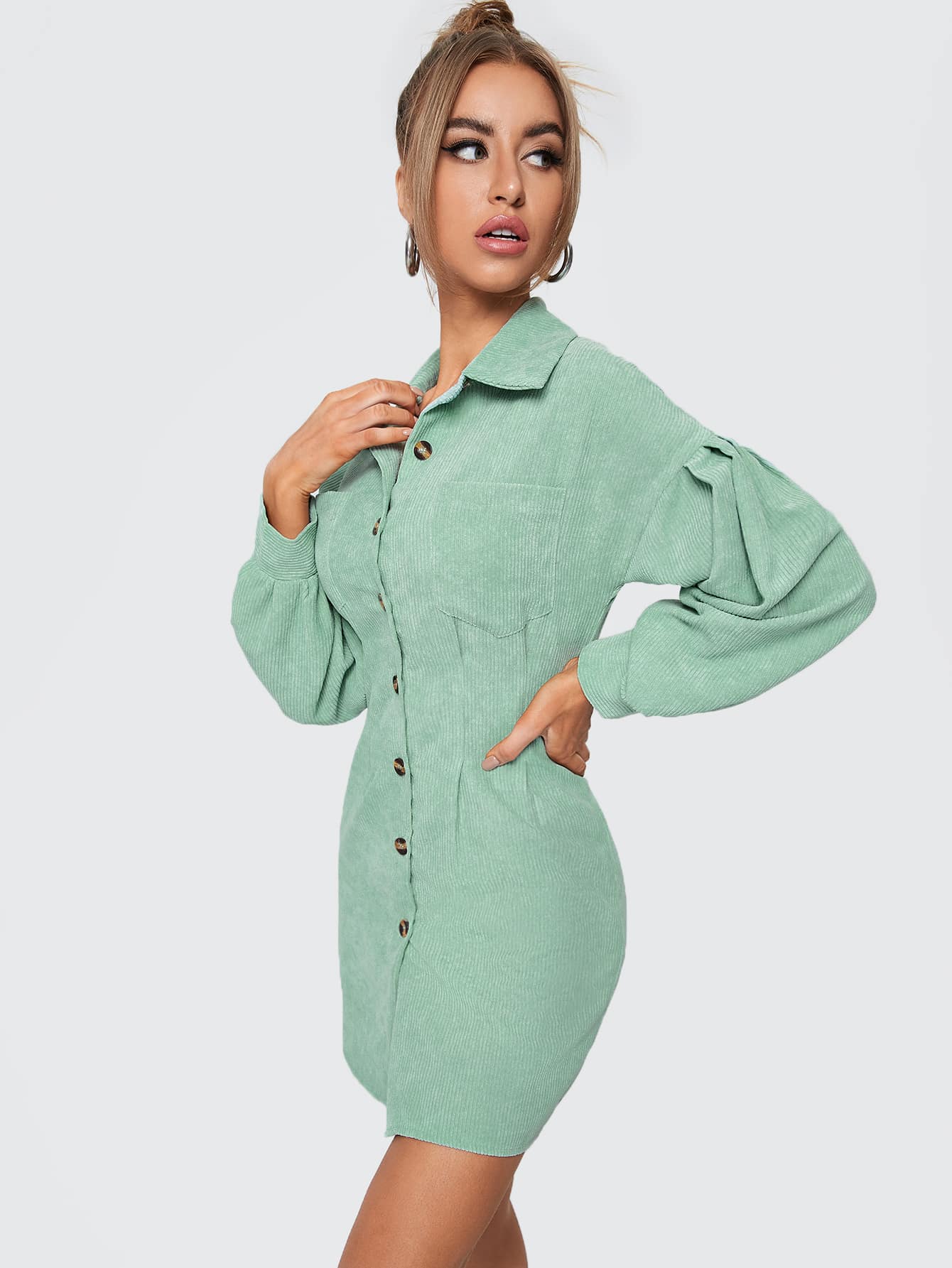 Mint Green Corduroy Bishop Sleeve Button Front Shirt Dress