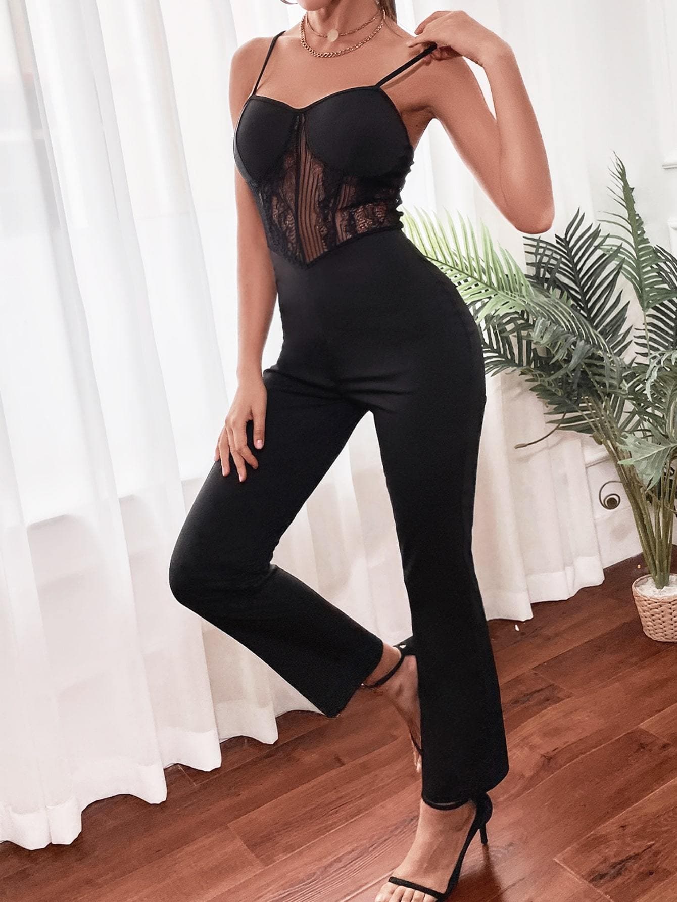 Black High Waist Spaghetti strap Sleeveless Contrast Lace Cami Skinny Jumpsuit