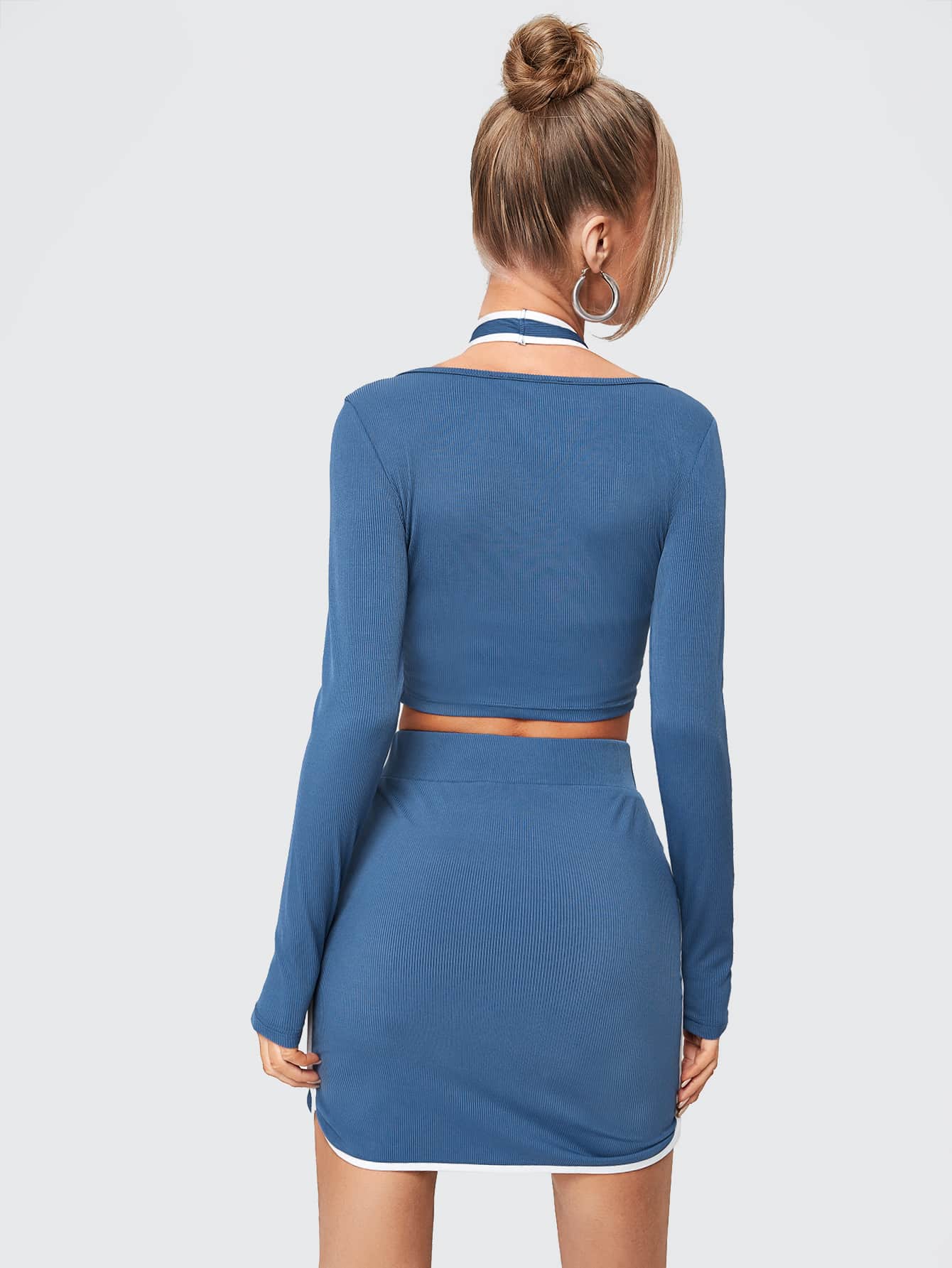 Dusty Blue Slim Fit Tie Front Rib-knit Crop Top With Contrast Binding Skirt
