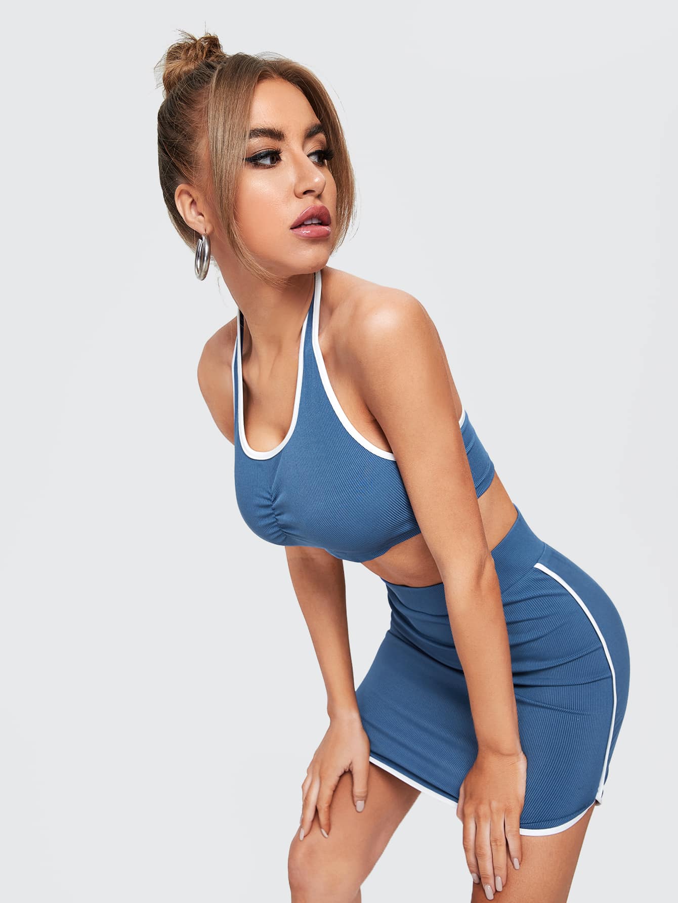 Dusty Blue Slim Fit Tie Front Rib-knit Crop Top With Contrast Binding Skirt