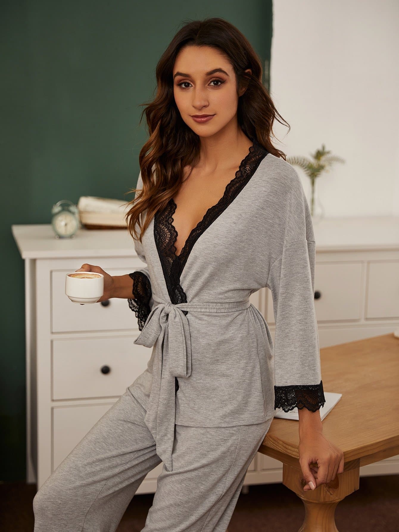 Light Grey Contrast Lace V-Neck Panel Self Tie Pyjama Sleepwear Set