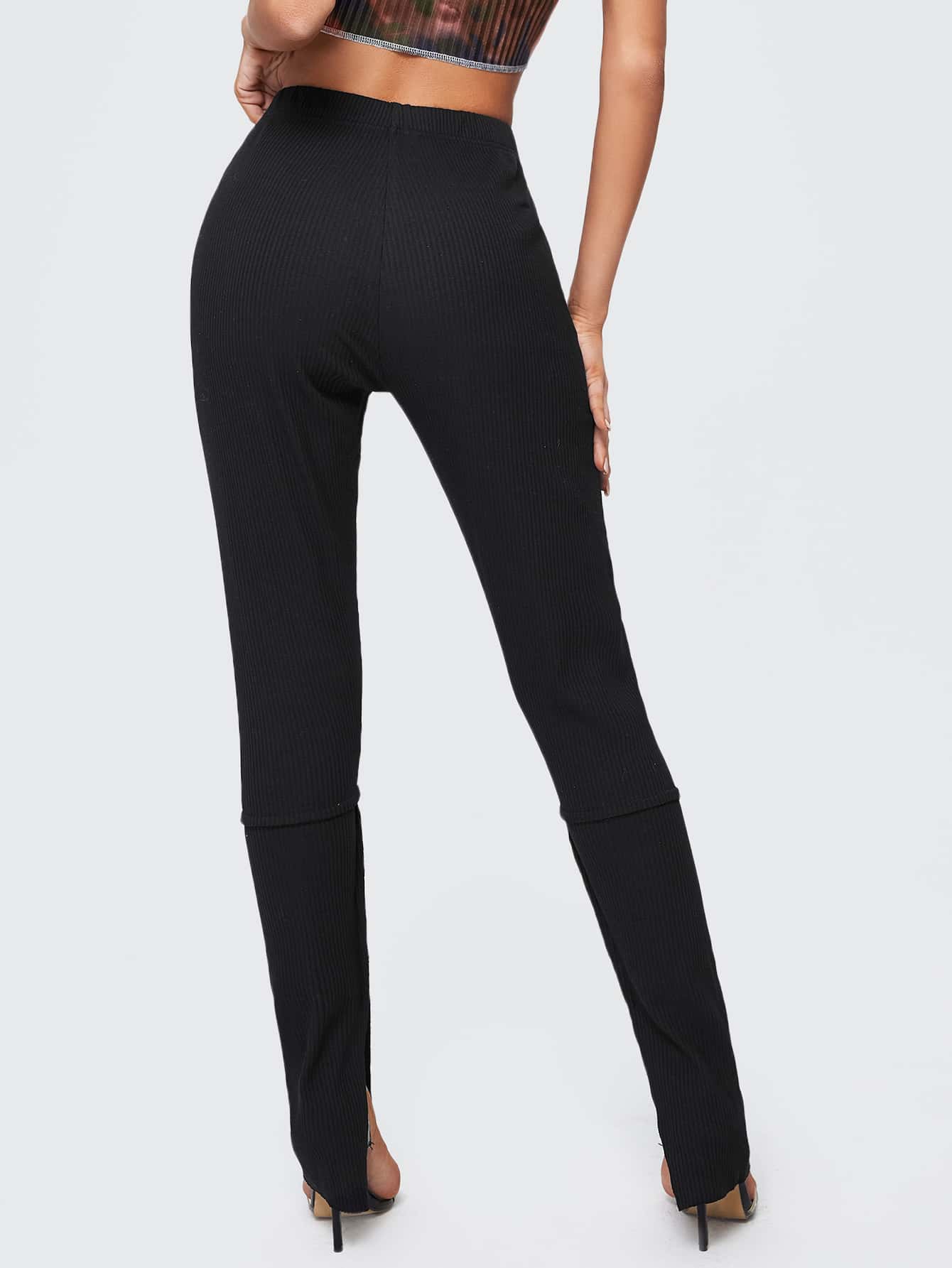 Black Split Cuff Rib-knit Skinny High Elastic Waist Pants