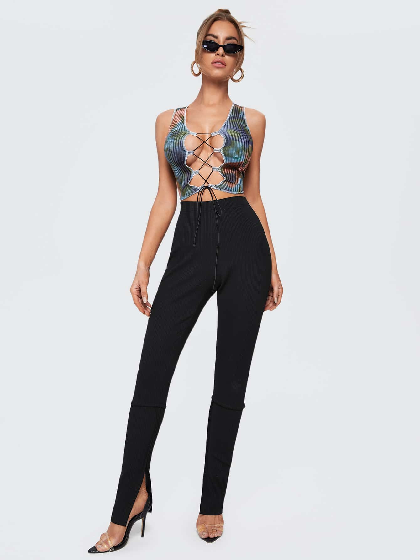 Black Split Cuff Rib-knit Skinny High Elastic Waist Pants