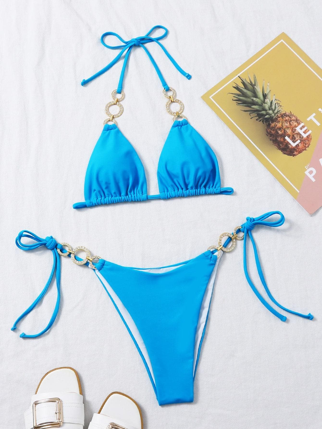 Chain Linked Halter Neck Triangle Tie Side Bikini Swimwear