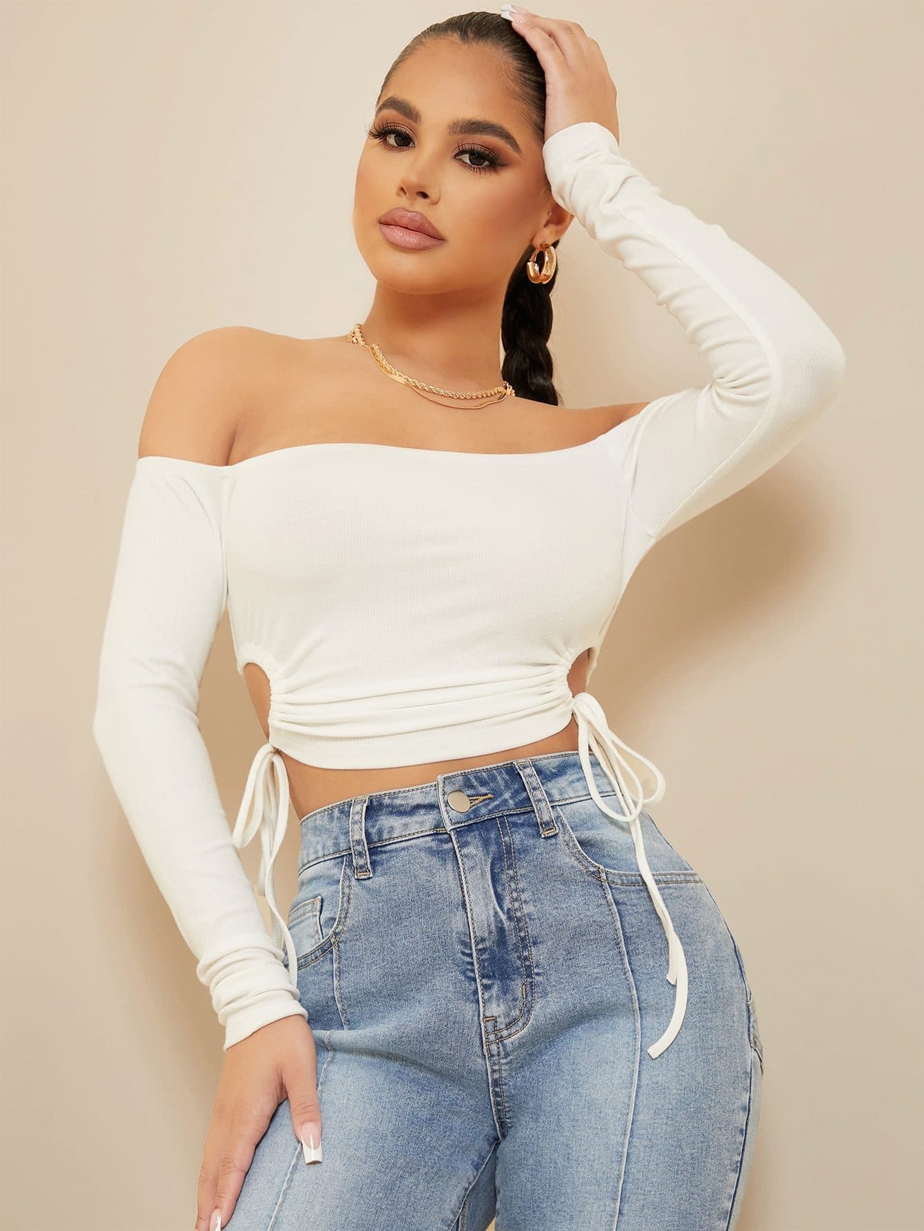 White Off Shoulder Drawstring Slim Fit Solid Top