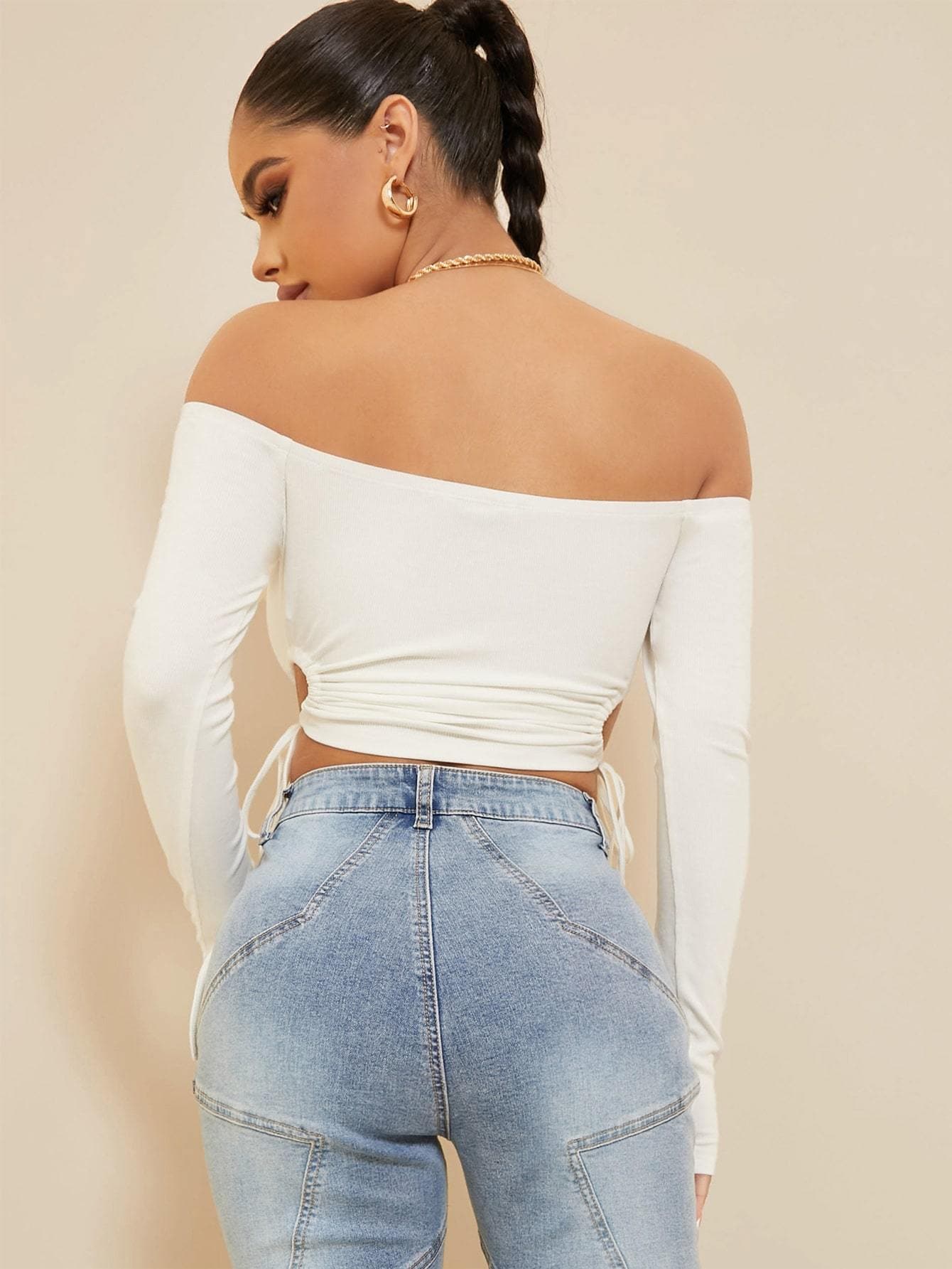 White Off Shoulder Drawstring Slim Fit Solid Top