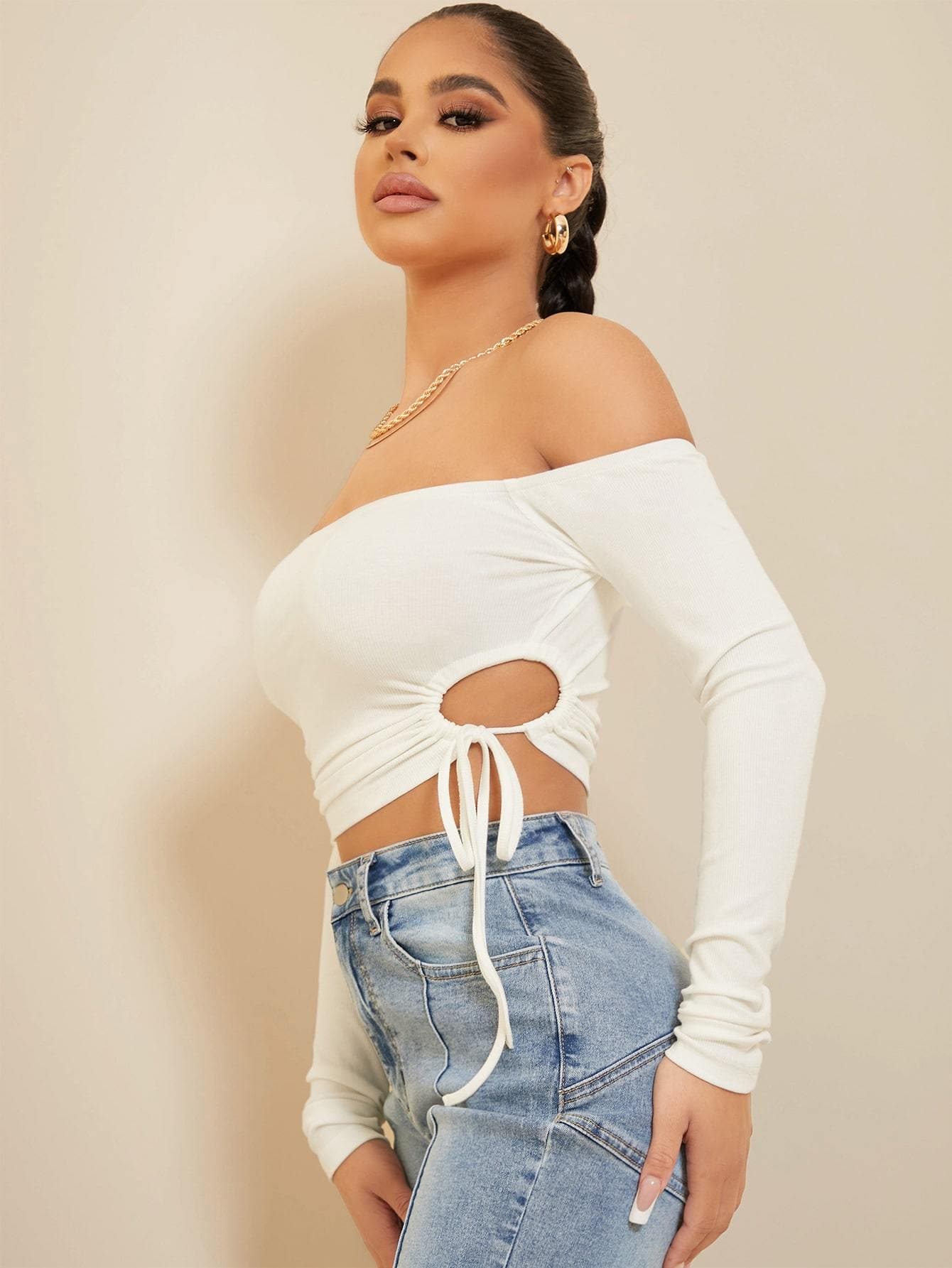 White Off Shoulder Drawstring Slim Fit Solid Top