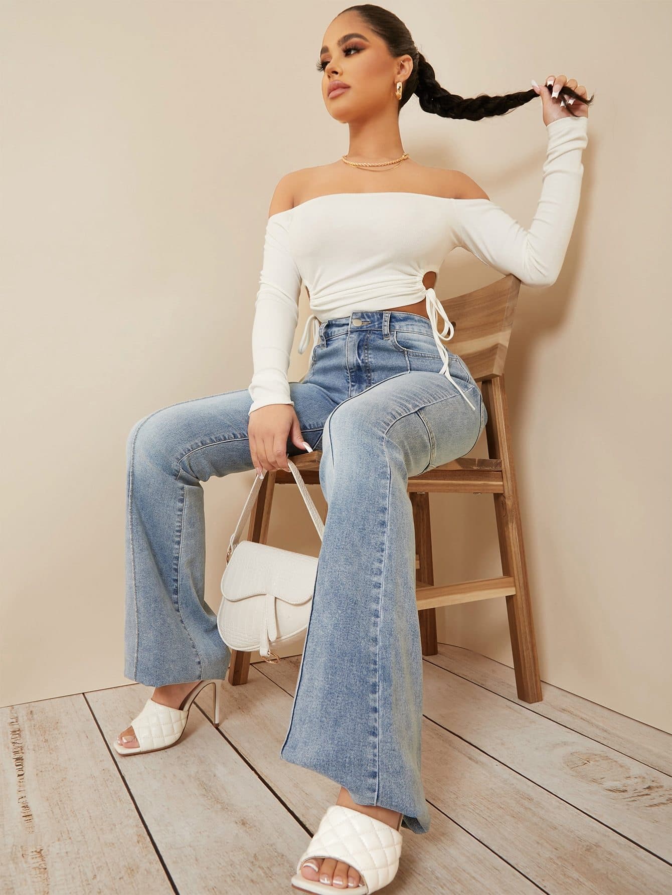 White Off Shoulder Drawstring Slim Fit Solid Top