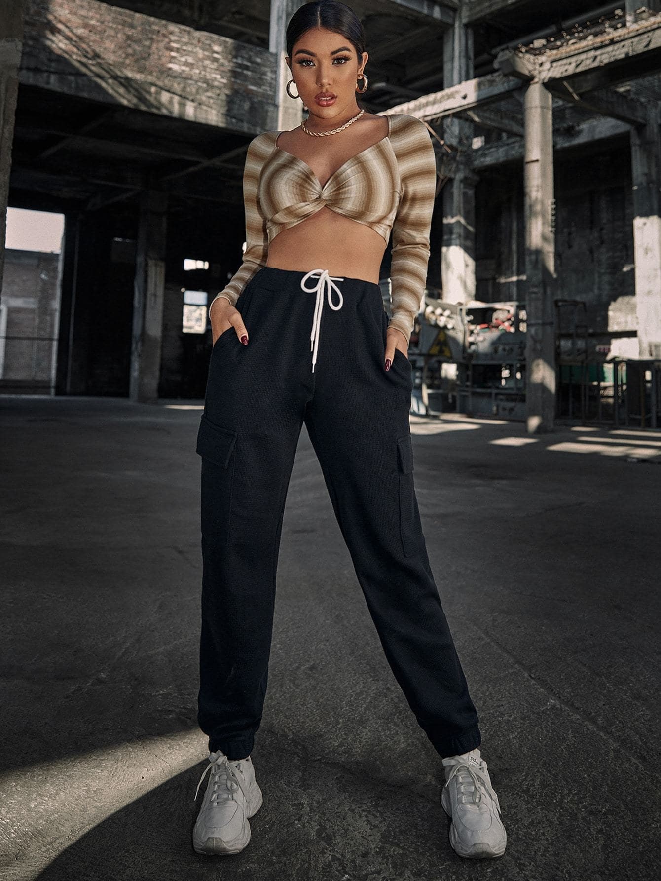 Ragan Sleeve Twist Front Striped Crop Slim Top
