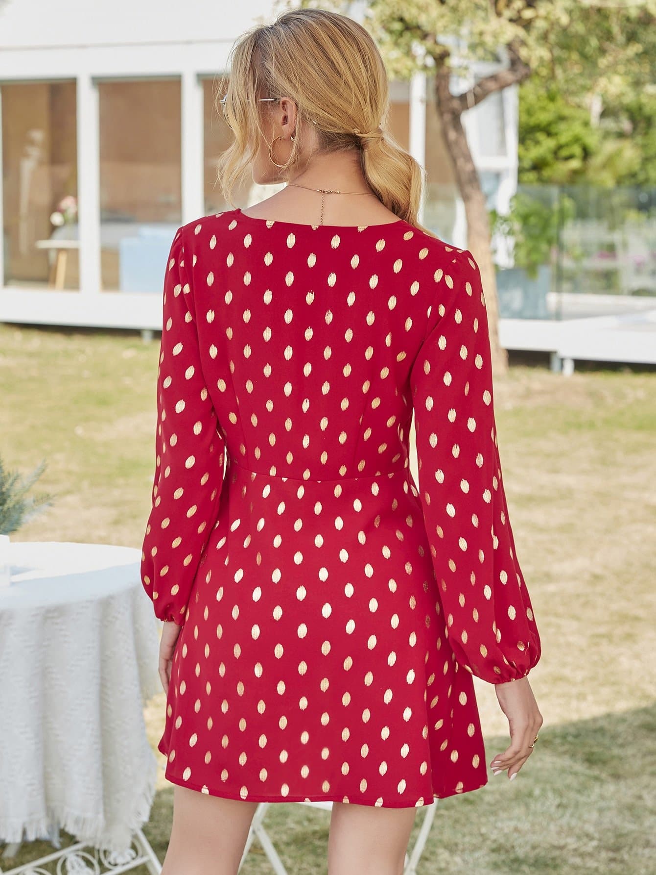 Metallic Polka Dot V-Neck High Waist Dress
