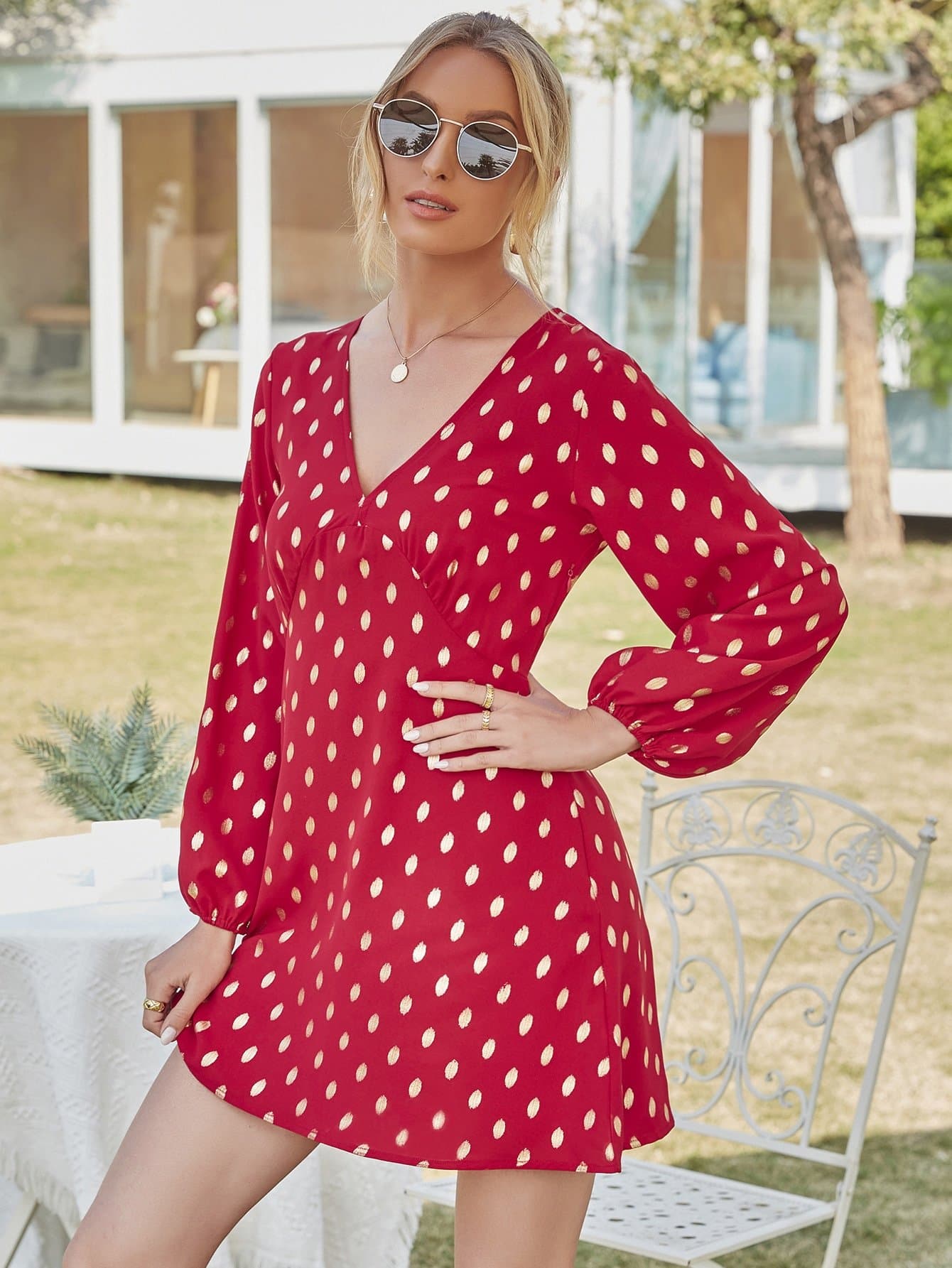 Metallic Polka Dot V-Neck High Waist Dress