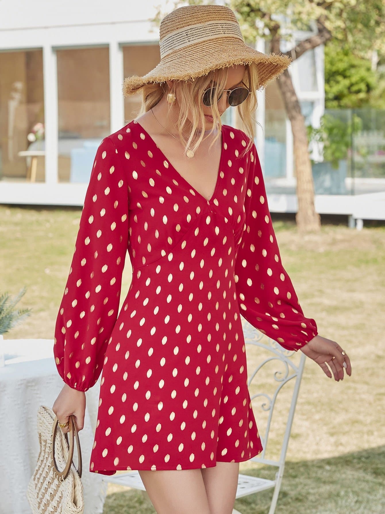 Metallic Polka Dot V-Neck High Waist Dress